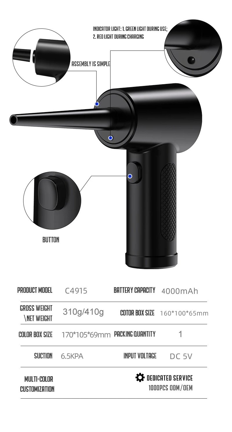 Портативний турбовентилятор Onvian Wireless Air Duster 51000 RPM Black, фото №15