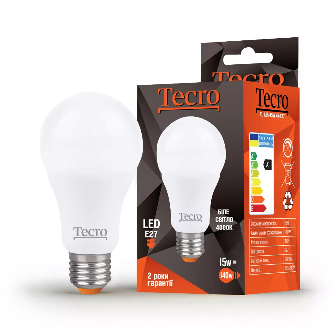 Лампа LED Tecro TL-A60-15W-4K-E27 15W 4000K E27, фото №1