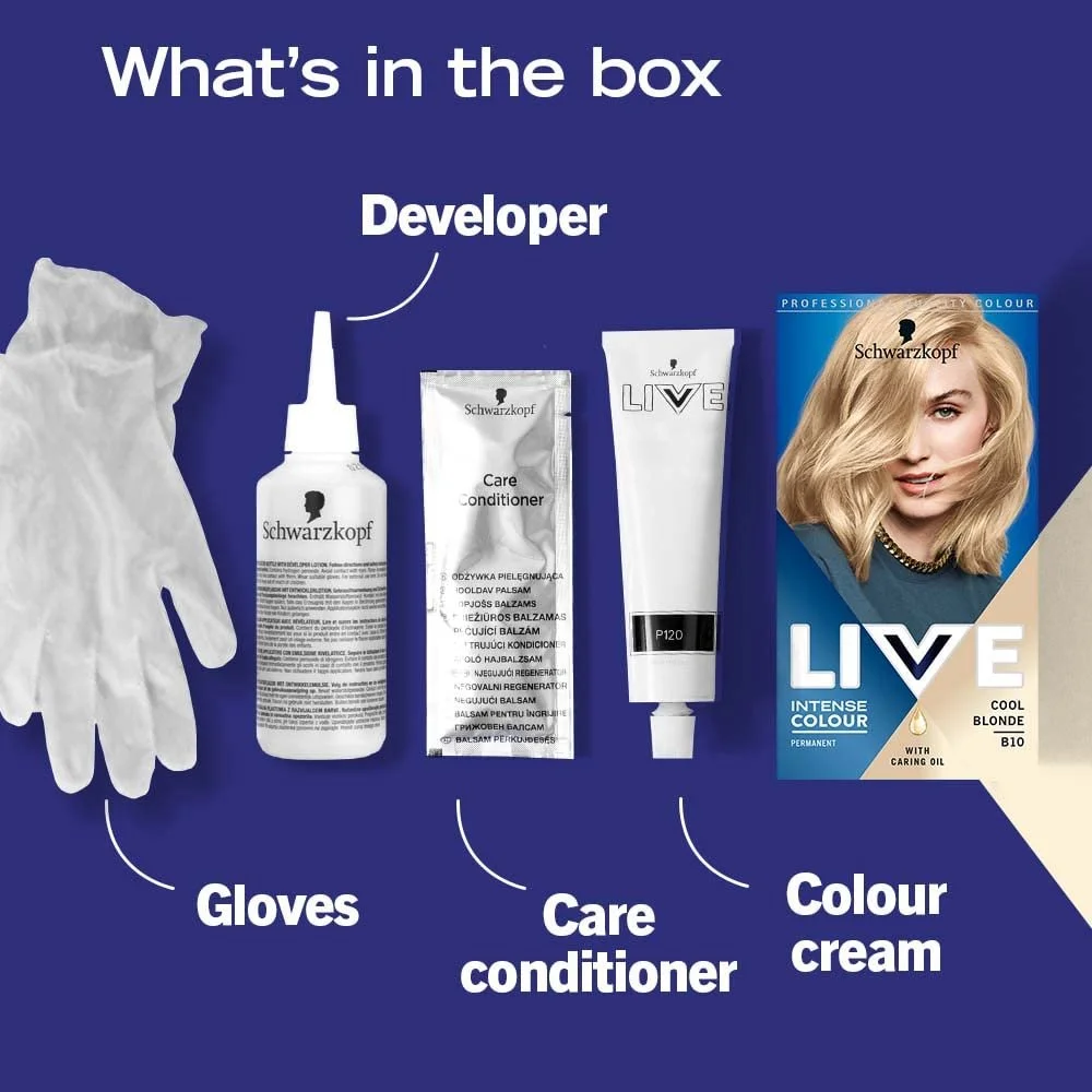 Краска для волос Schwarzkopf Live Intensive Colour B10 Cool Blonde, стойкая, до 50% покрытия седины, с маслами и кератином, осветление до 2 уровней, фото №6 Краска для волос Schwarzkopf Live Intensive Colour B10 Cool Blonde, стойкая, до 50% покрытия седины, с маслами и кератином, осветление до 2 уровней, фото №6