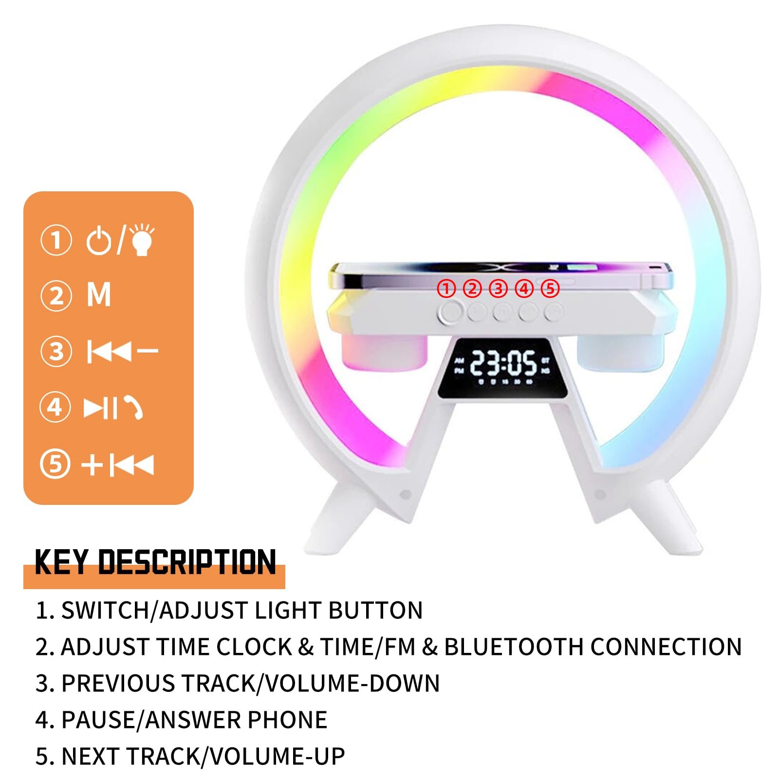 Настільна лампа Runqin Atmosphere Lamp Wireless Charger Bluetooth Speaker Alarm Clock LED White, фото №4