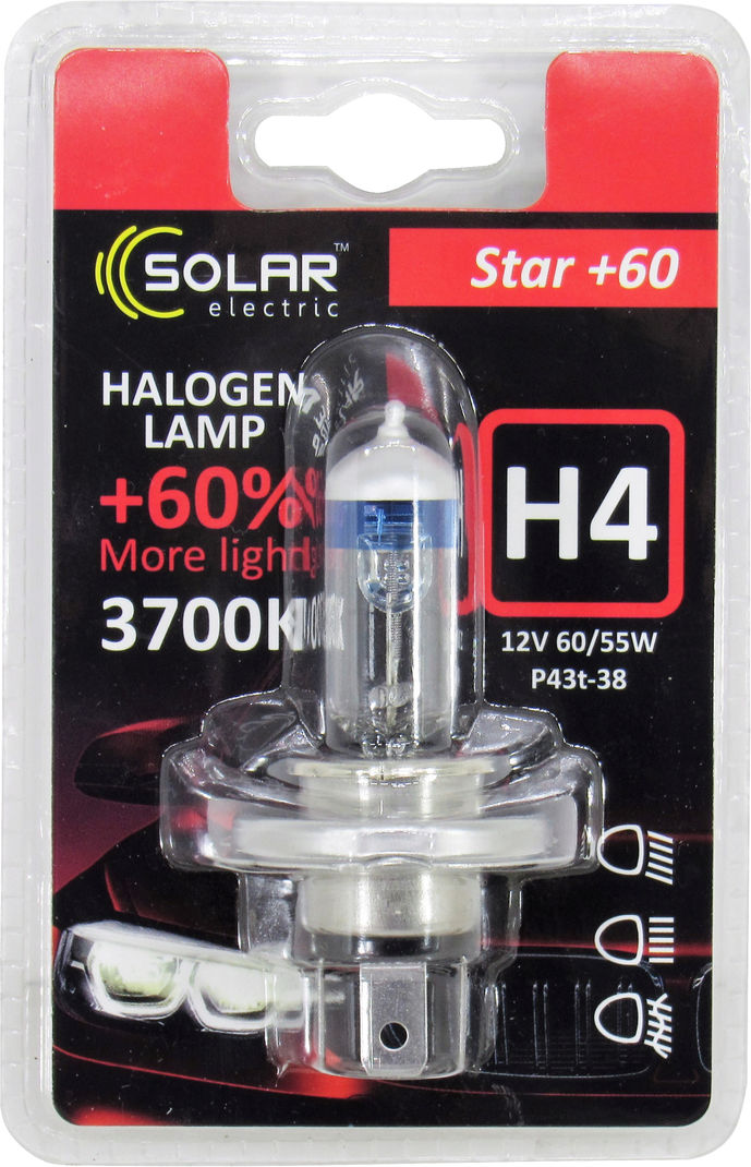 Лампочка галогенна H4 P43t 12V-60/55Вт Solar 3700K Starlight 60 blister 1234B1, фото №1