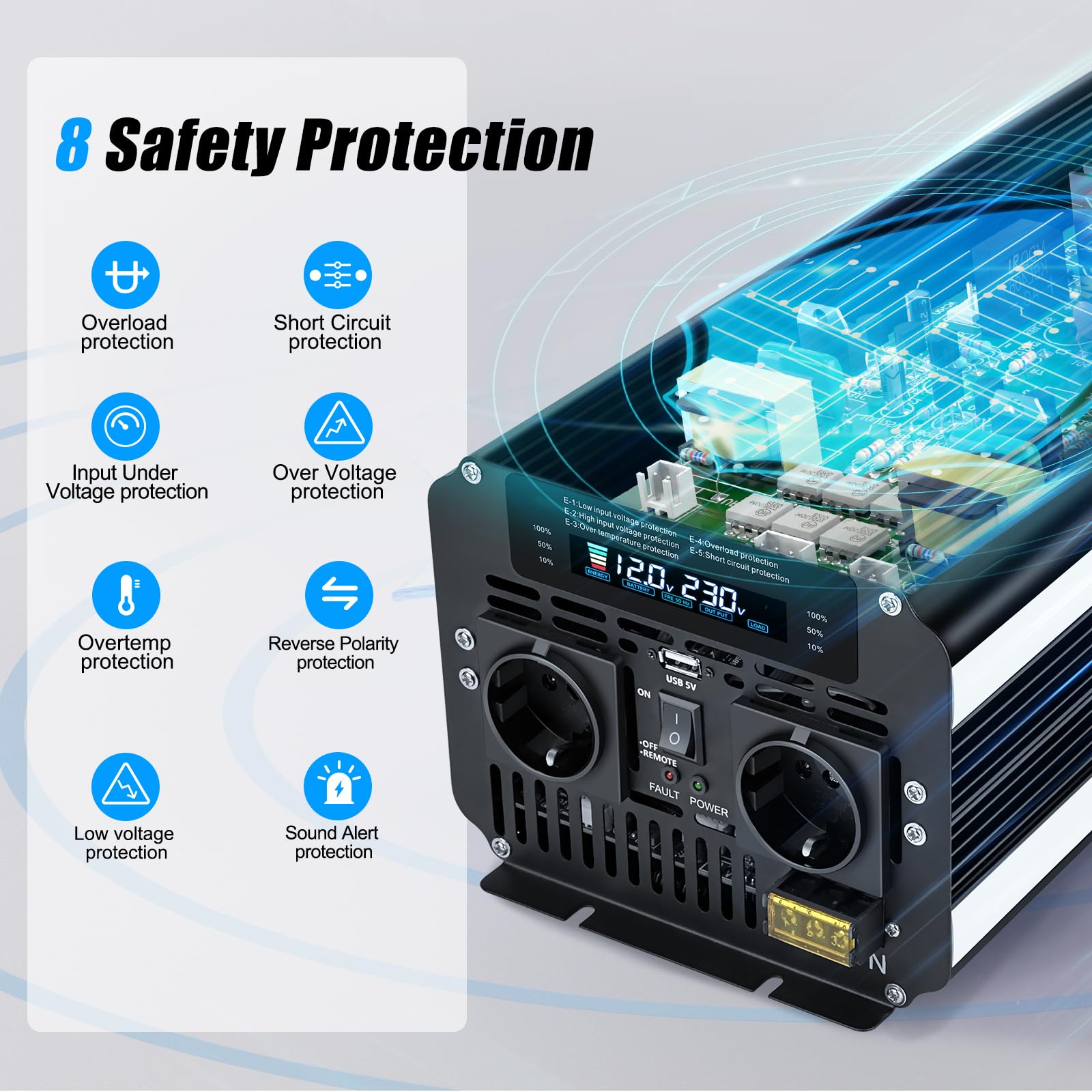 Інвертор Напруга 12V 230V 4000W / 8000W з бездротовим пультом керування, 2 розетки 1 USB та LED дисплей, фото №6