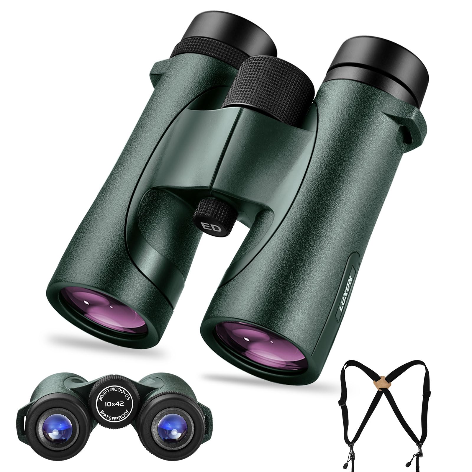 Бінокль LUXUN 10x42 ED Glass BAK4 Prism IPX7 Водонепроникний і Анти-Туманний для полювання та спостереження за птахами (зелений), фото №1