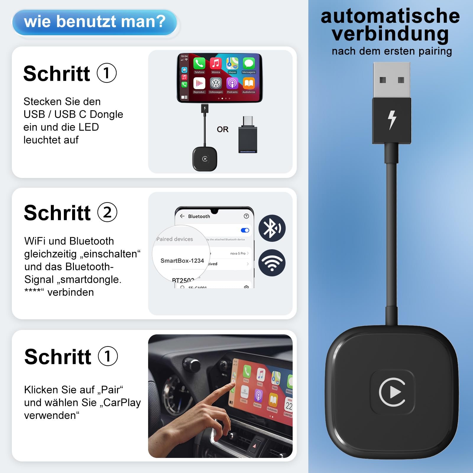 Беспроводной адаптер CarPlay PAUNEZUEL, беспроводной ключ CarPlay для iPhone, преобразует проводной CarPlay в беспроводной, совместим с iPhone iOS 10+ и автомобилями с проводным CarPlay, фото №5