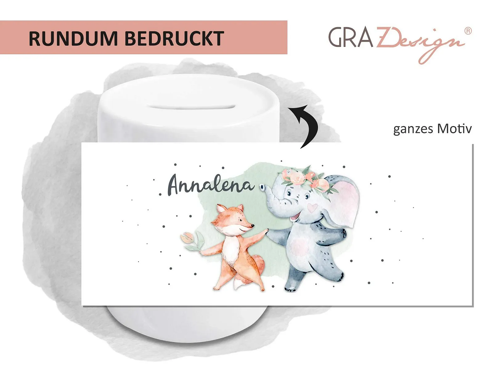 Скарбничка GRAZDesign дитяча керамічна Слон та лисиця з ім'ям персоніфікована, фото №2