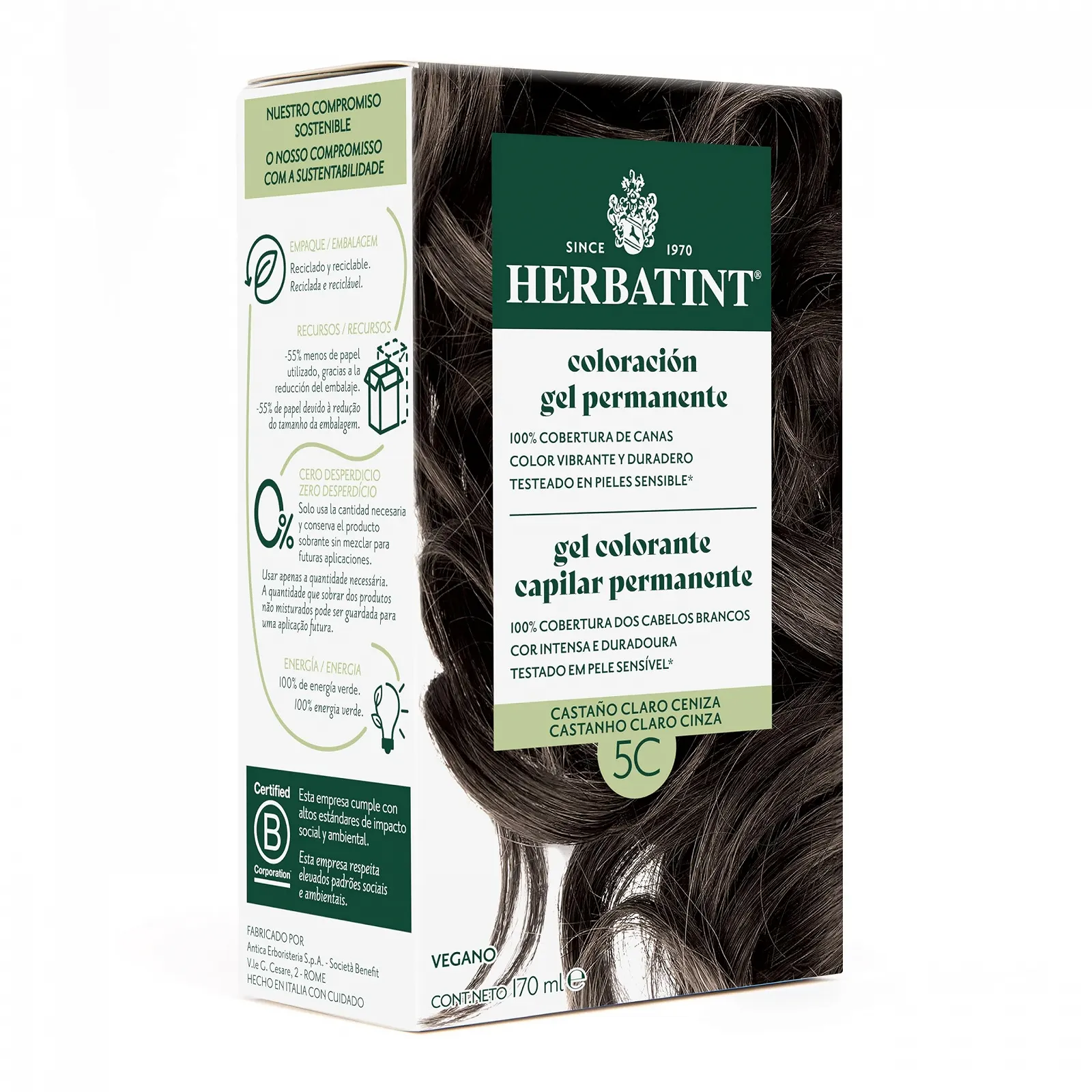 Фарба для волосся Herbatint Permanent Gel 5c Світлий Попелястий Каштан, 170 мл, фото №1