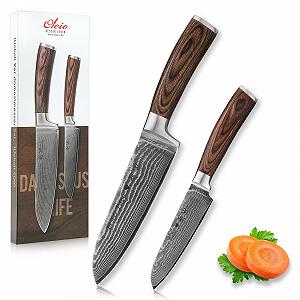 Набір ножів Santoku Wakoli Edib Damascus, великий та малий (17 см / 12 см), 67 шарів дамаської сталі (серцевина VG10), руків'я з дерева Pakka, у подарунковій коробці - Фото 1