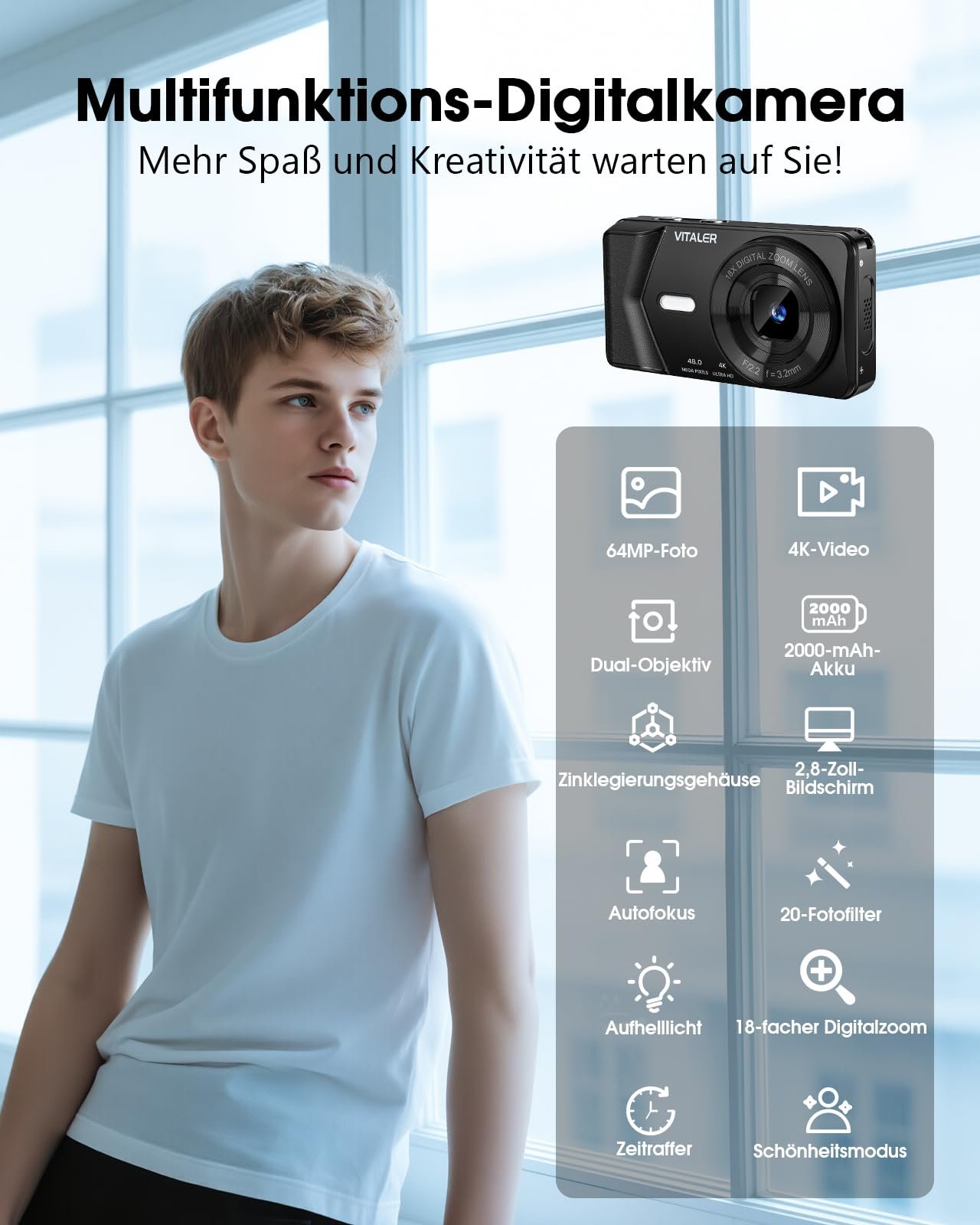 Цифровой фотоаппарат 64MP 4K с двойным объективом, корпус из цинкового сплава, 2.8-дюймовый ЖК-экран, карта Micro SD 32 ГБ, 18-кратный цифровой зум и OTG-адаптер, компактный фотоаппарат для подростков, начинающих (черный), фото №9