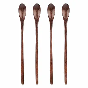 Ложка Деревянная Набор из 4 маленьких длинных ложек для кофе, меда, деревянных суповых ложек, для смешивания, ретро Nanmu малых деревянных ложек, десертных ложек - Фото 1