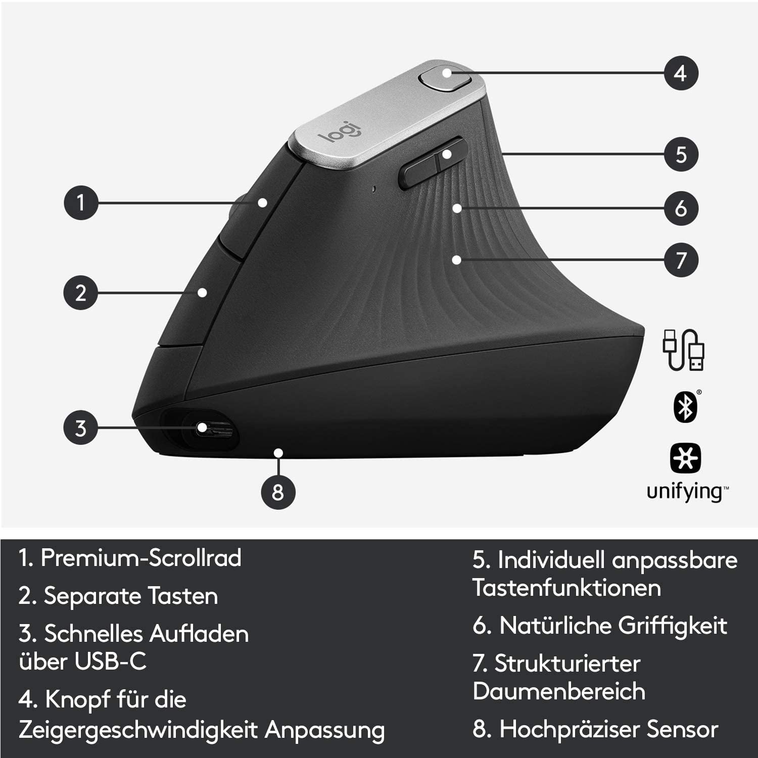 Комплект: Клавиатура и мышь Logitech ERGO K860 и MX Vertical, беспроводные, эргономичные, аккумуляторные, Bluetooth или USB-приемник, фото №7