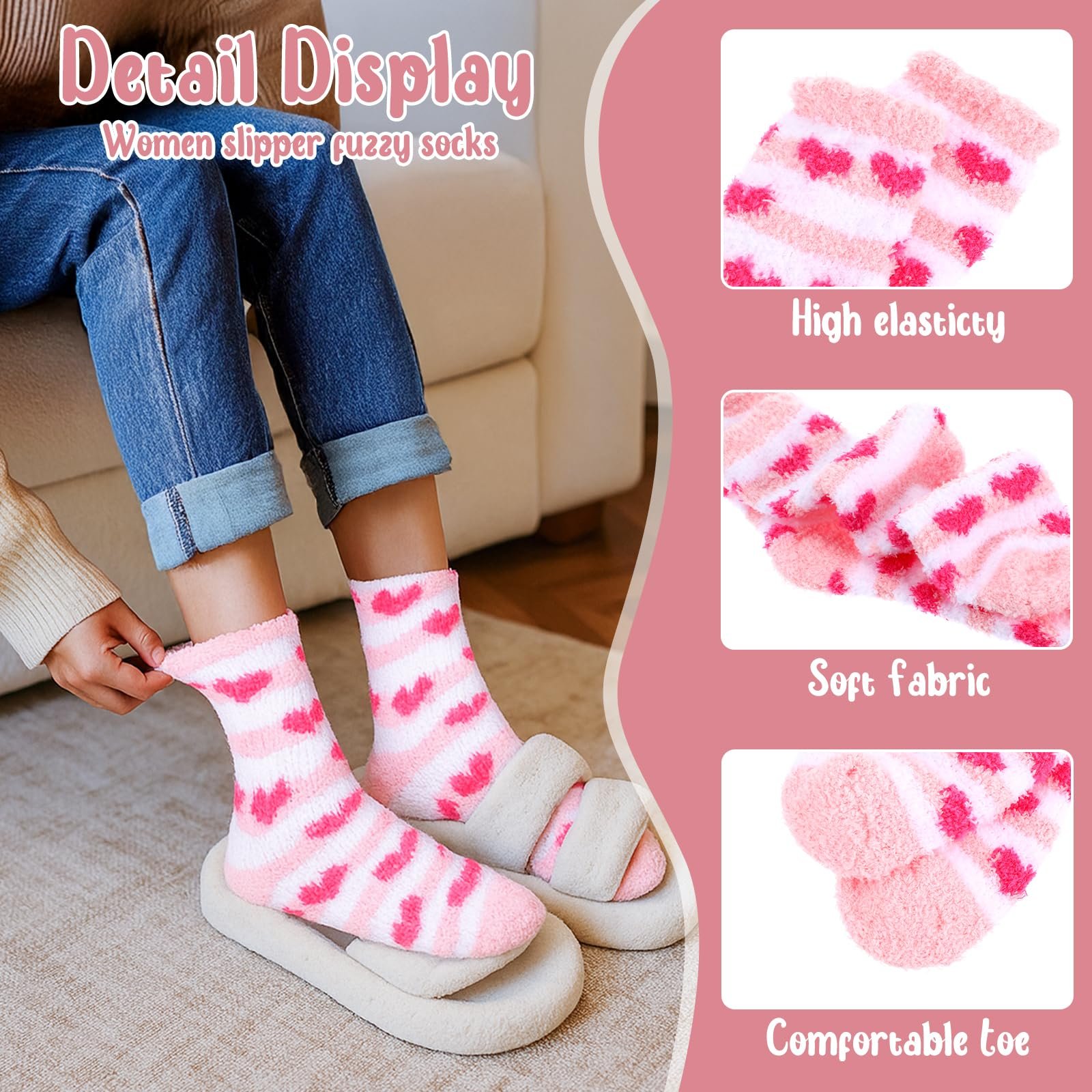 Носки Женские Пушистые 3 Пары Полосатые Розовые (Сердце), фото №3