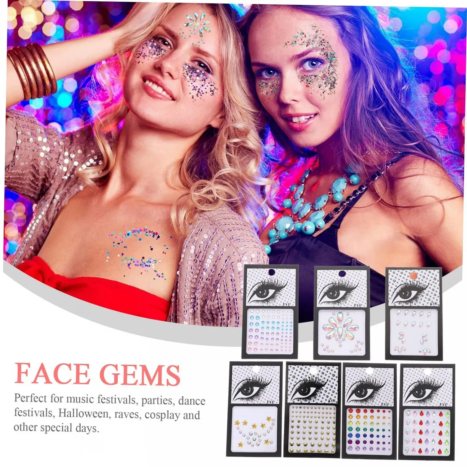 Стразы для лица Beavorty 35 наборов Акриловые стразы для приклеивания для тела для фестивалей Модные украшения для лица для событий, фото №2