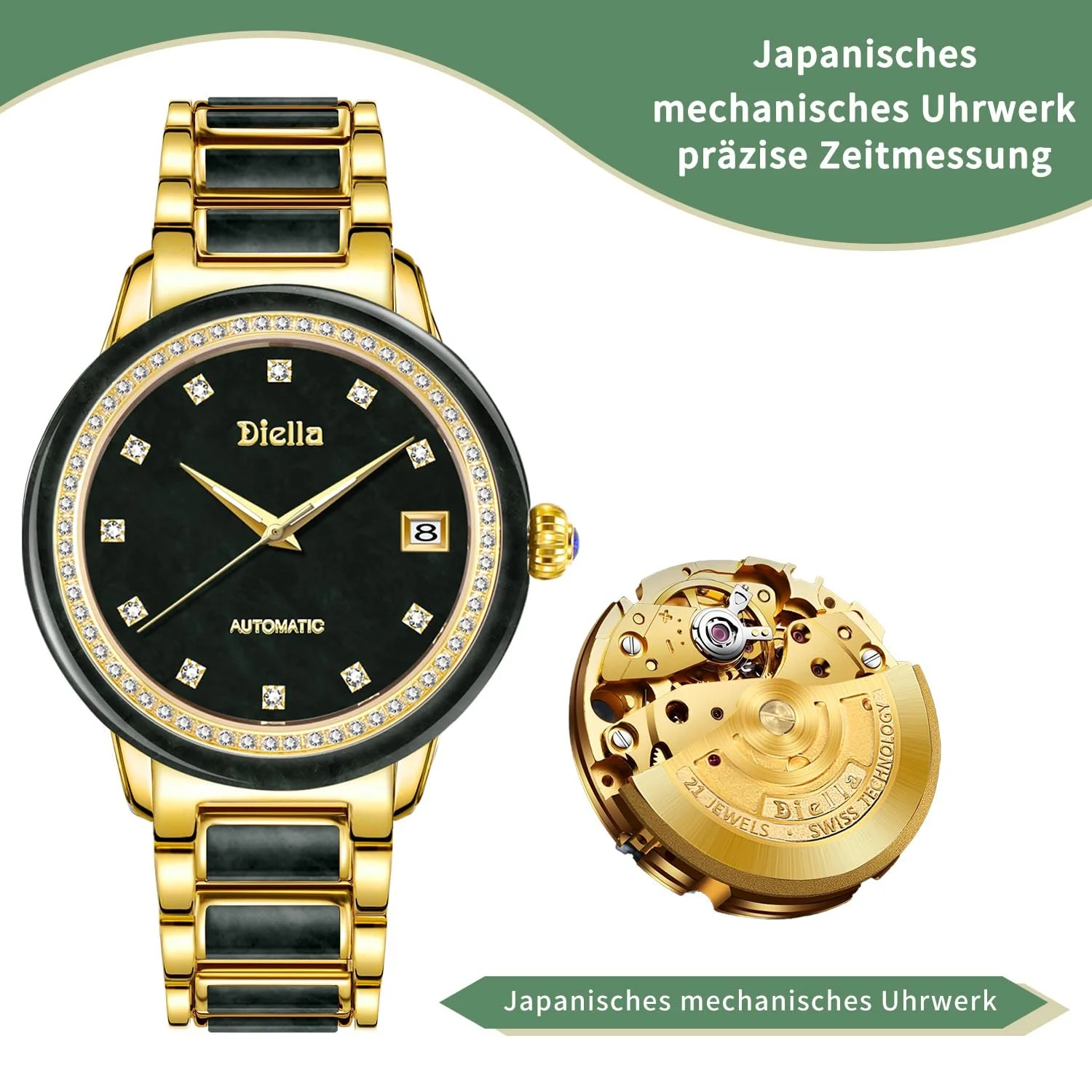 Автоматические мужские часы Diella, роскошные черные нефритовые и золотые, механические часы с люминесцентной, самозаводящиеся, водонепроницаемые, фото №2 Автоматические мужские часы Diella, роскошные черные нефритовые и золотые, механические часы с люминесцентной, самозаводящиеся, водонепроницаемые, фото №2