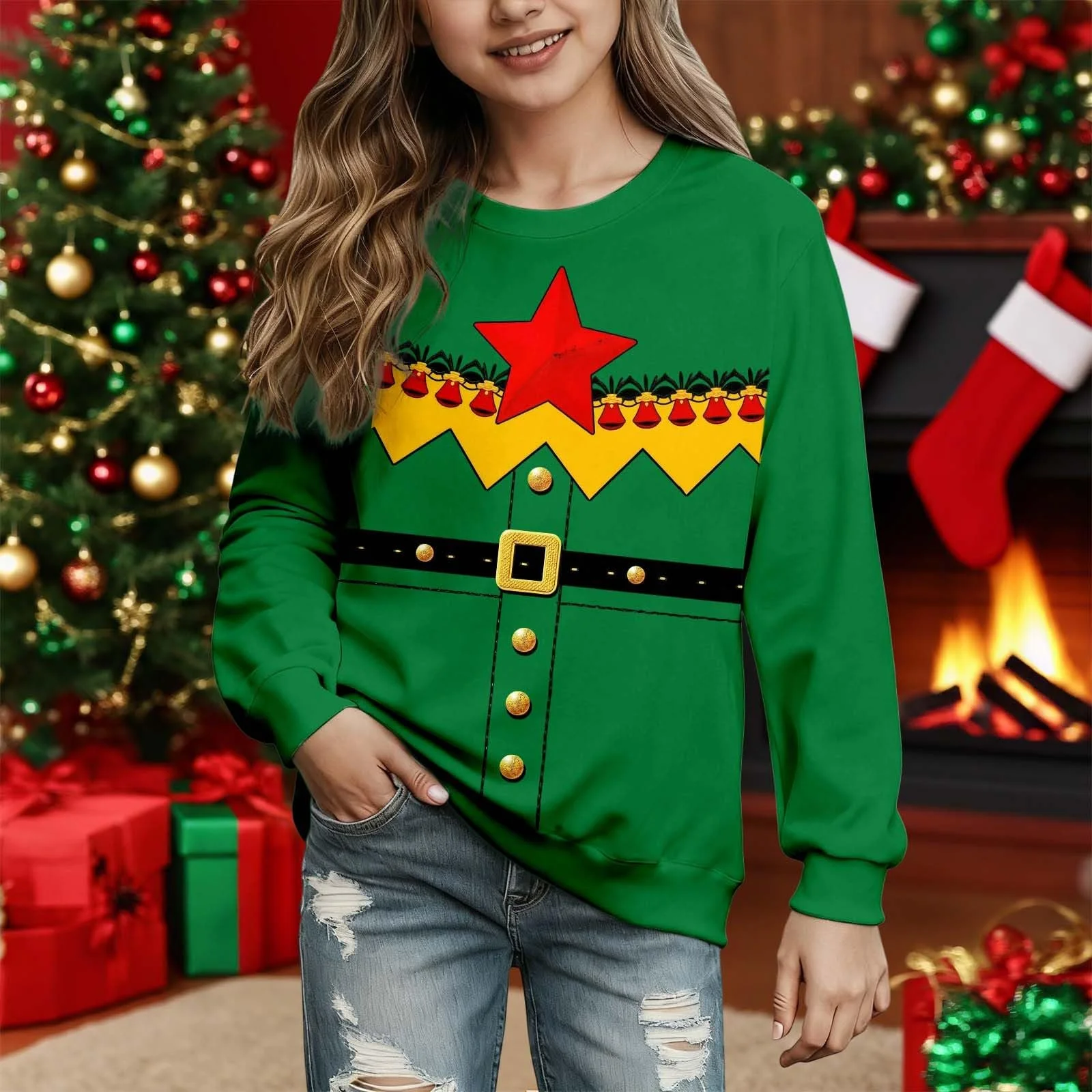 Дитячий різдвяний світшот для дівчат, з довгими рукавами, з мультяшним принтом, з круглим вирізом, фото №3