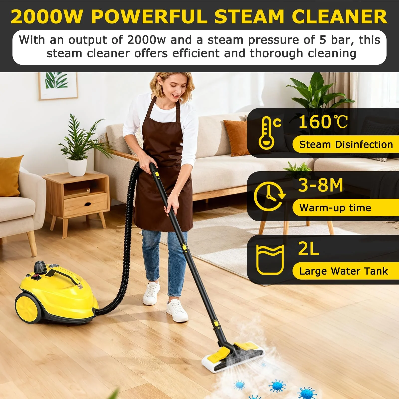 Пароочисник 2000 Вт 5 бар 108 м² 2 л з набором для чищення підлоги та насадками для меблів і килимів, фото №3 Пароочисник 2000 Вт 5 бар 108 м² 2 л з набором для чищення підлоги та насадками для меблів і килимів, фото №3