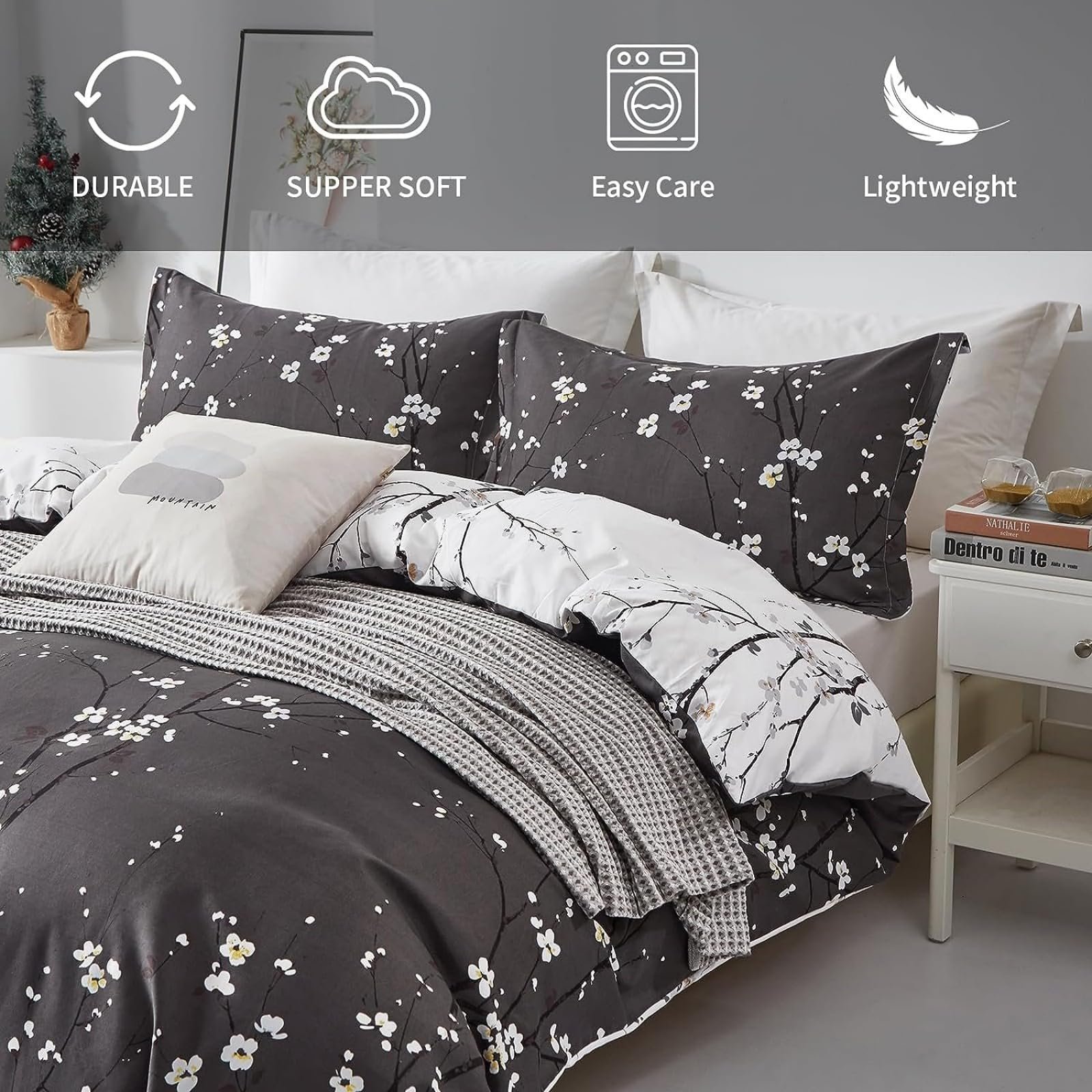 Постельное белье Freyamy Цветок 135 x 200 см, 2 предмета, серый, антрацит, сливовый цвет, ветка цветущей сливы, фото №4