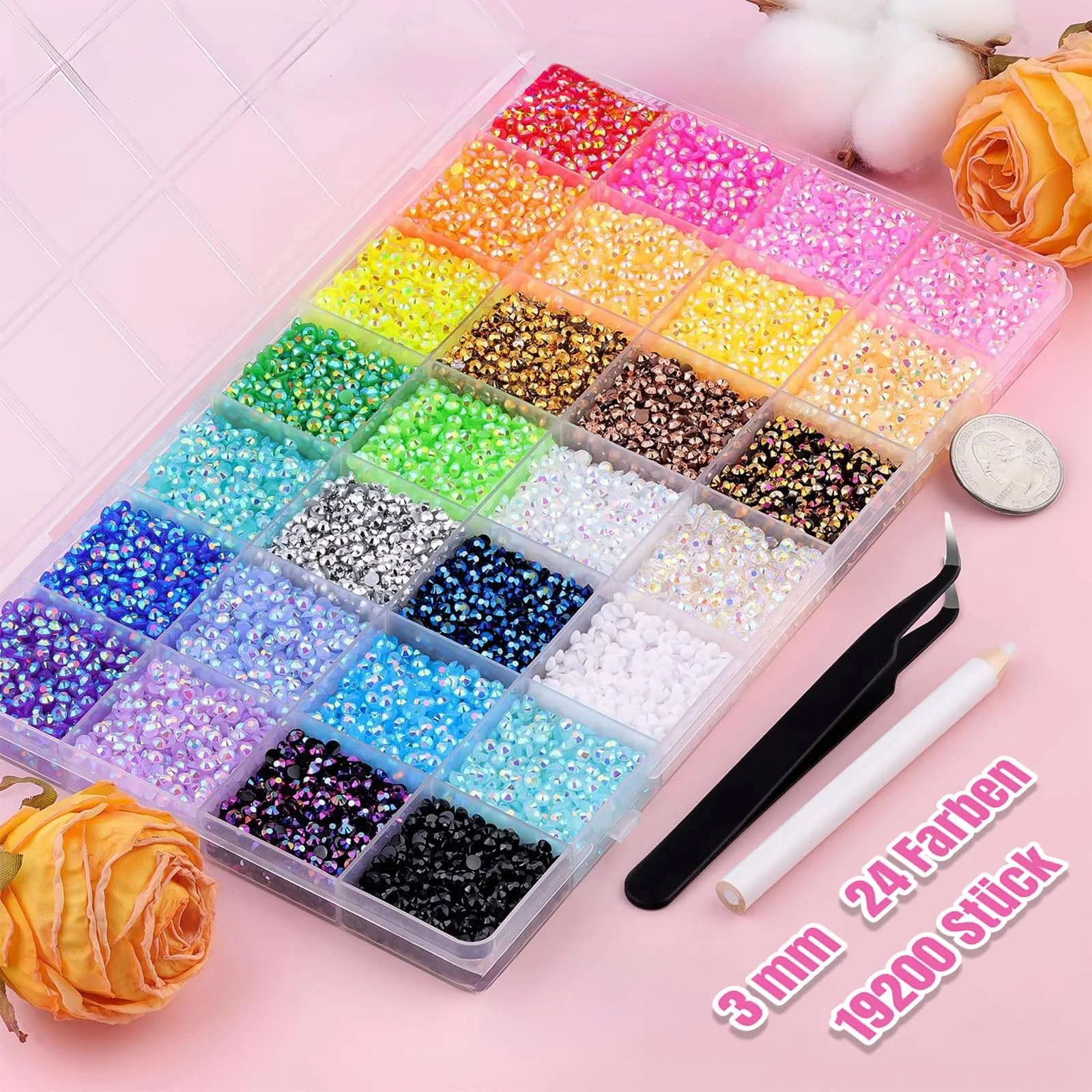 Набор страз для ногтей Glitter Stones Nails Set круглые глянцевые 3 мм 24 цвета 19200 шт с пинцетом и восковым карандашом, фото №2 Набор страз для ногтей Glitter Stones Nails Set круглые глянцевые 3 мм 24 цвета 19200 шт с пинцетом и восковым карандашом, фото №2
