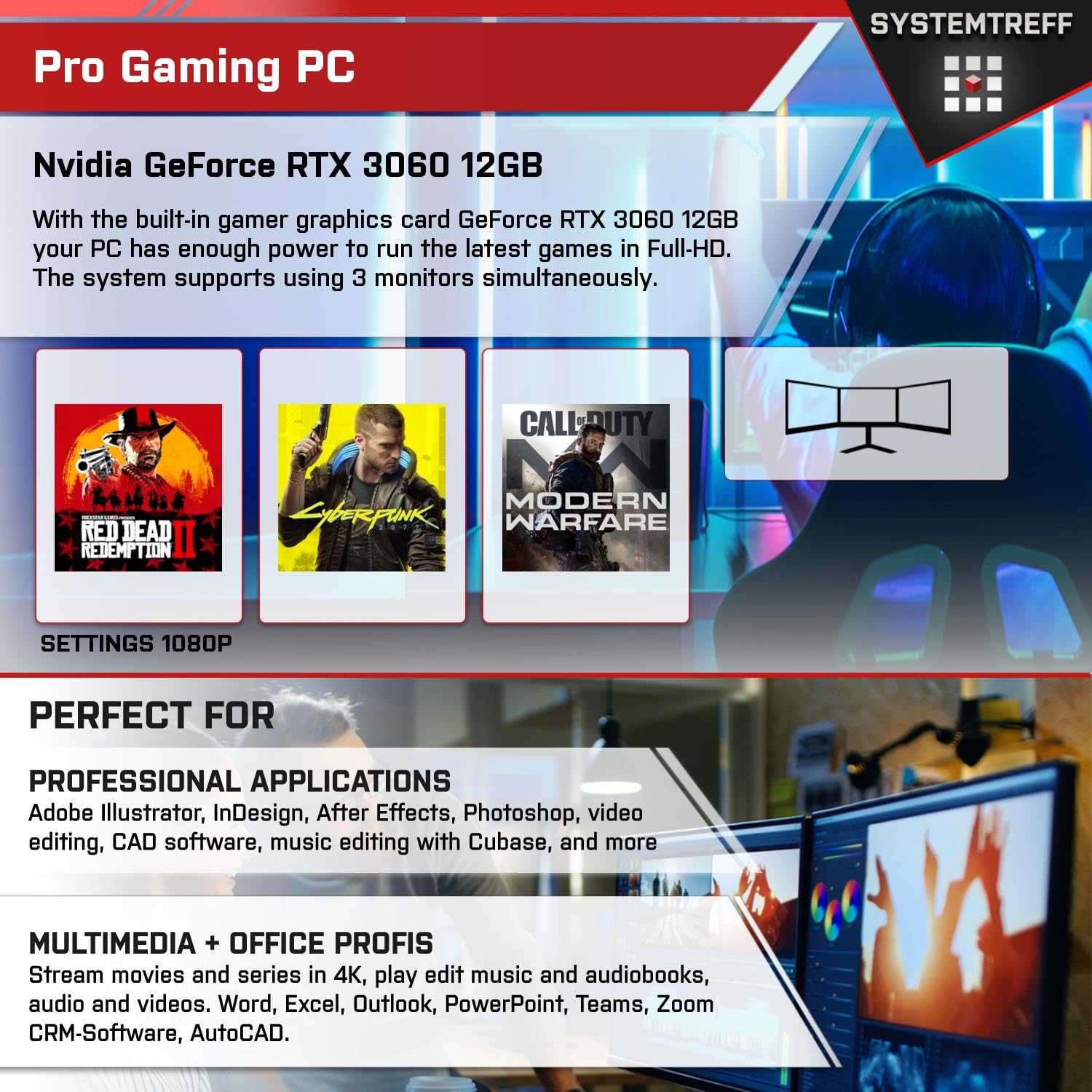 Стаціонарний ПК SYSTEMTREFF Basic Gaming Ryzen 7 5800XT 8x4.8GHz Nvidia RTX 3060 12GB DX12 1TB M.2 NVMe 16GB DDR4 RAM WLAN Білий, фото №5