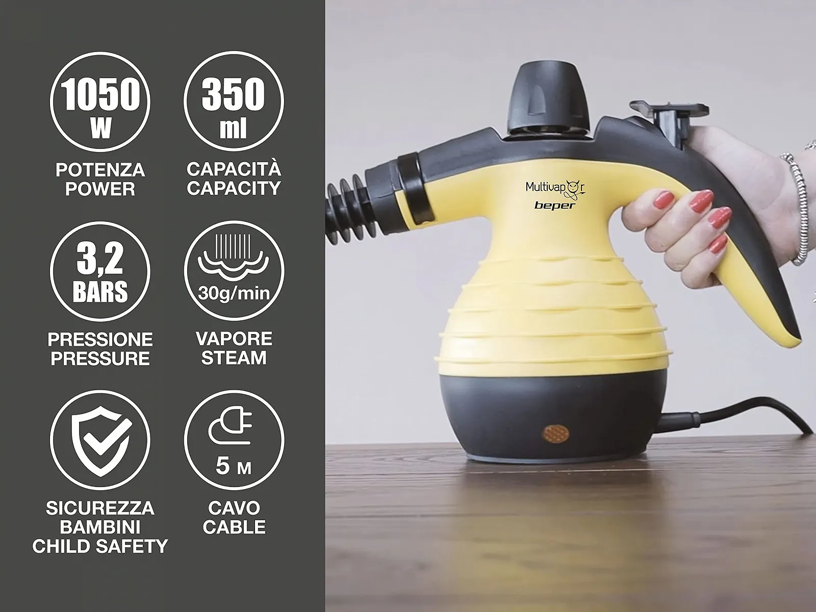 Пароочисник Beper 1050 W 350 мл 9 аксесуарів, фото №2 Пароочисник Beper 1050 W 350 мл 9 аксесуарів, фото №2