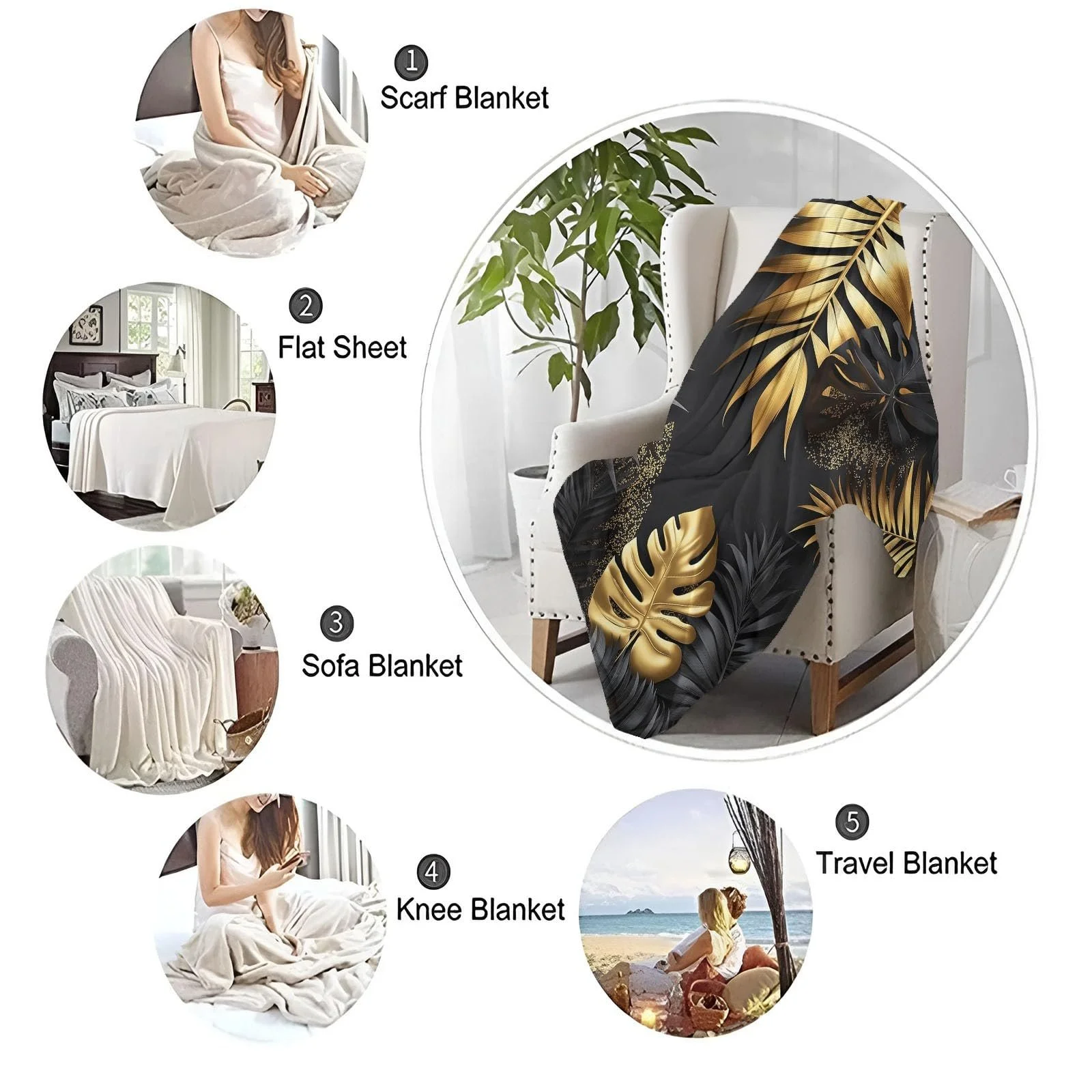 Плед Cuddly Теплый Tropical Luxury Monster Leaf Pattern 150 x 200 см Черный Золотой Фланелевый, фото №7