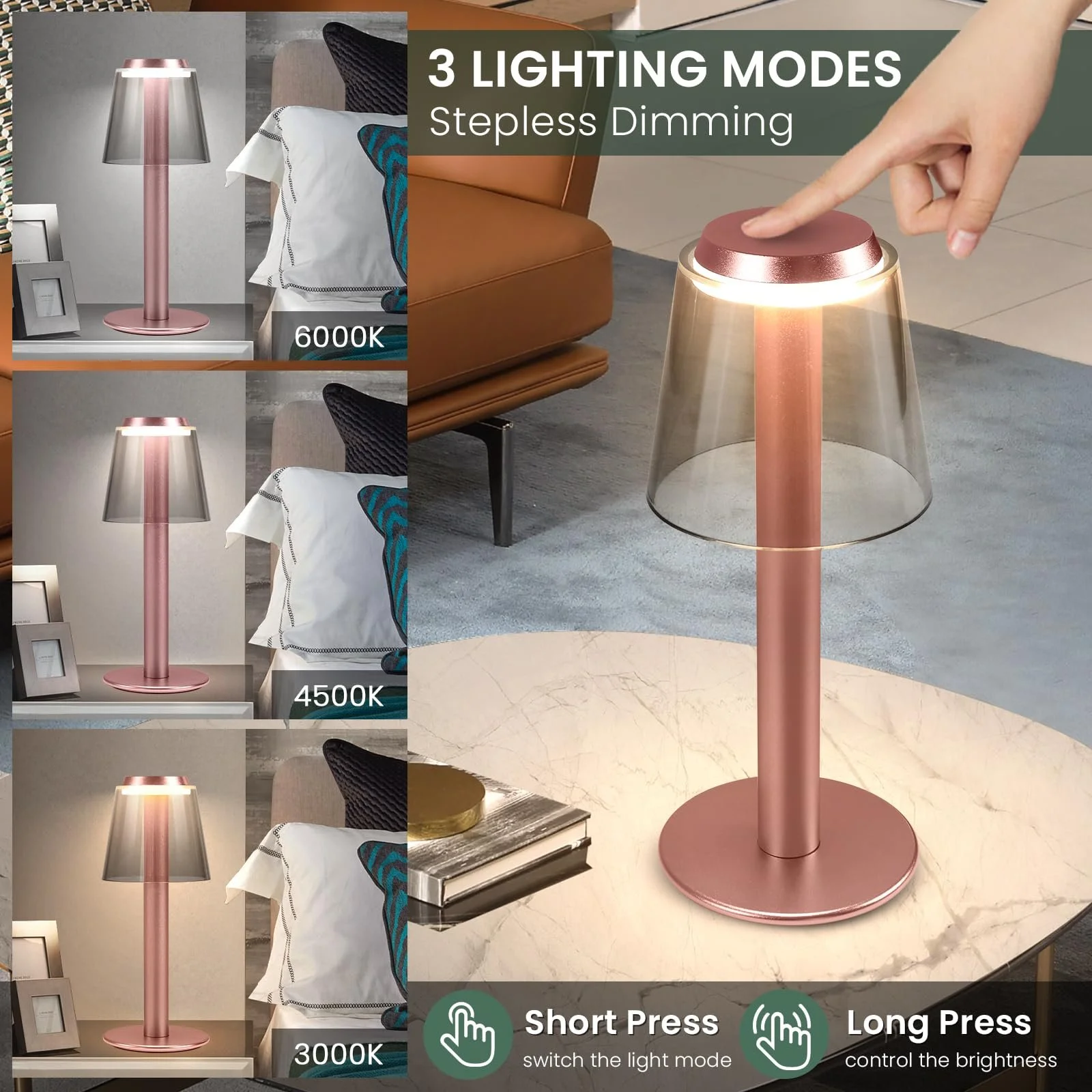 Настільна лампа Wireless сенсорна димована акумуляторна металева 3 рівні яскравості LED, фото №3