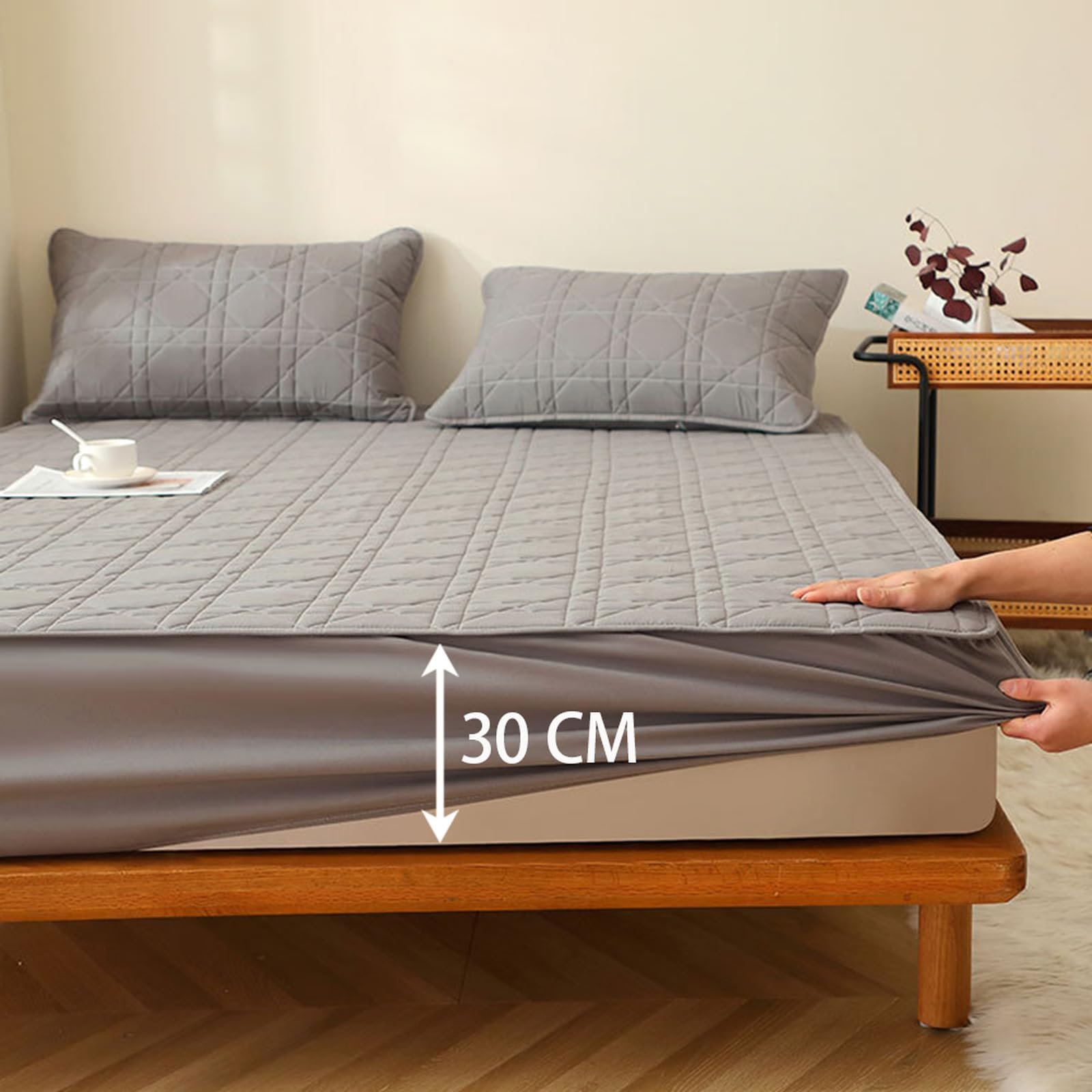 Наматрасник HAIBA 180 x 200 см Серый стеганый простыня с глубоким карманом 30 см, простыня на резинке 2-в-1 из органического хлопка, тихий, подходит для кровати с пружинным блоком, фото №2