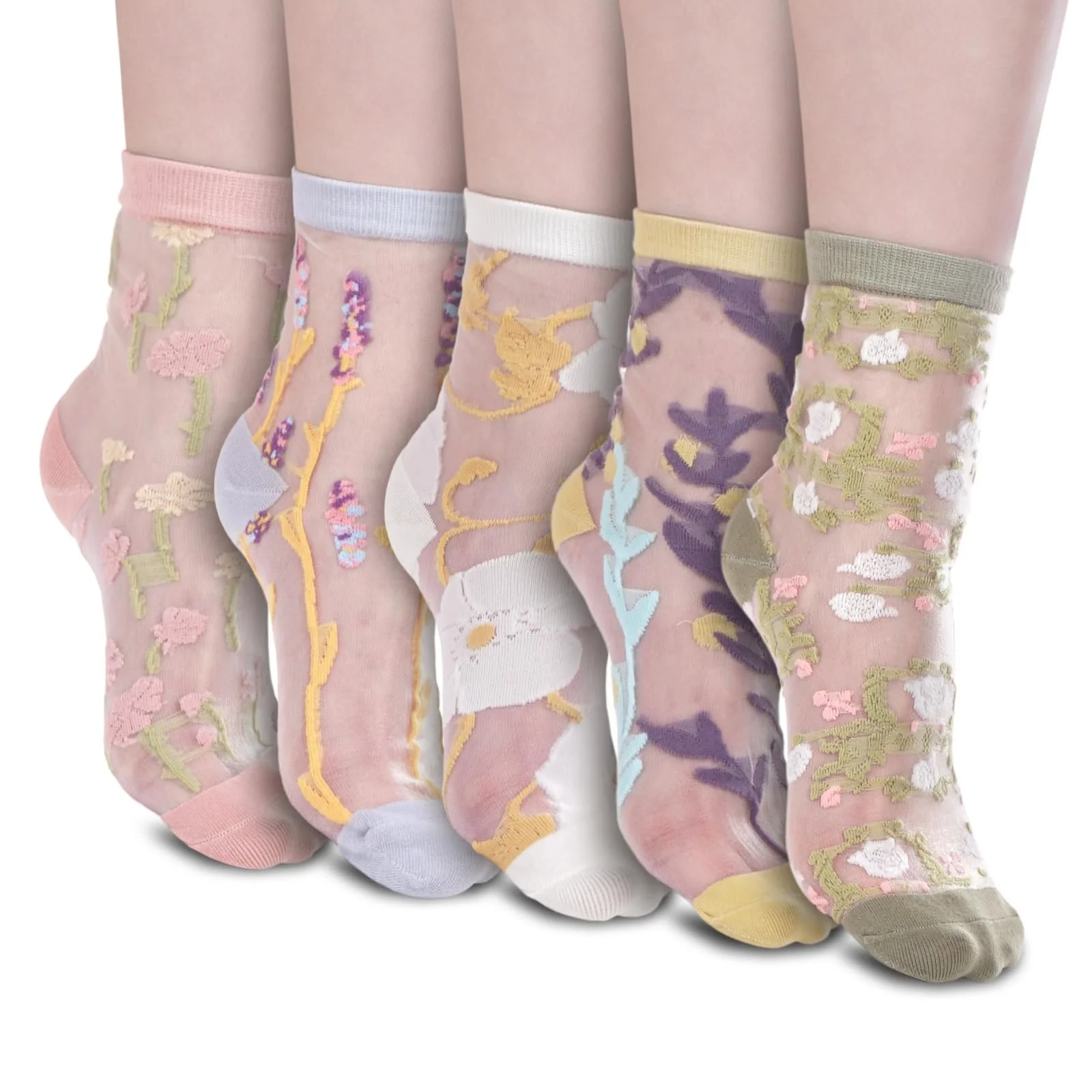 Прозорі шкарпетки CoolChange з квітами та рослинами, блискучі жіночі панчохи, 5 пар, бежевий, фото №1