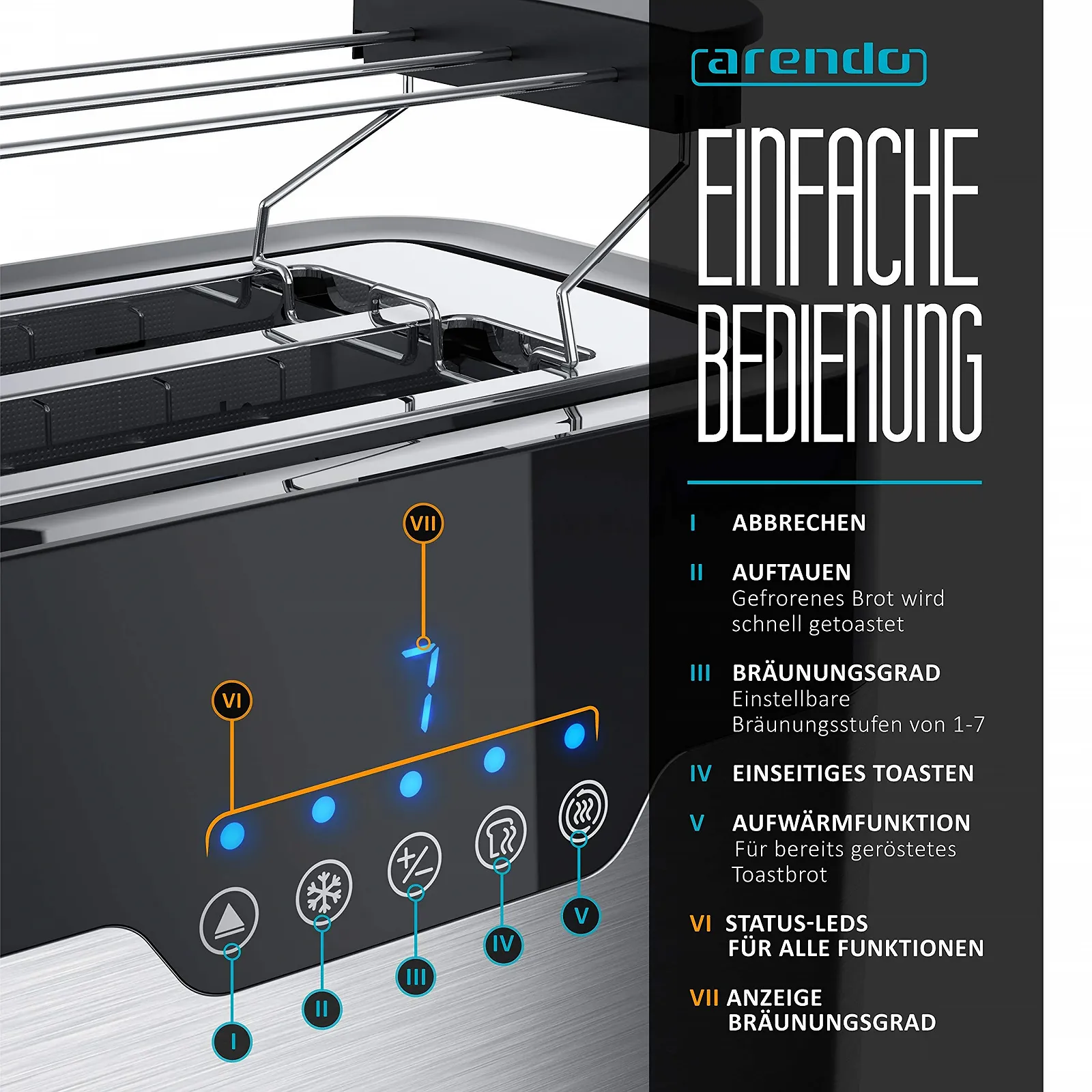 Тостер Arendo Stainless Steel, 2 скибочки, зі світлодіодним дисплеєм, насадкою для булочок, дуже широкими слотами, 7 рівнями підсмажування, функцією одностороннього підсмажування для булочок, фото №2
