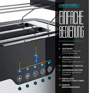 Тостер Arendo Stainless Steel, 2 скибочки, зі світлодіодним дисплеєм, насадкою для булочок, дуже широкими слотами, 7 рівнями підсмажування, функцією одностороннього підсмажування для булочок synthetic.ua - Фото 1