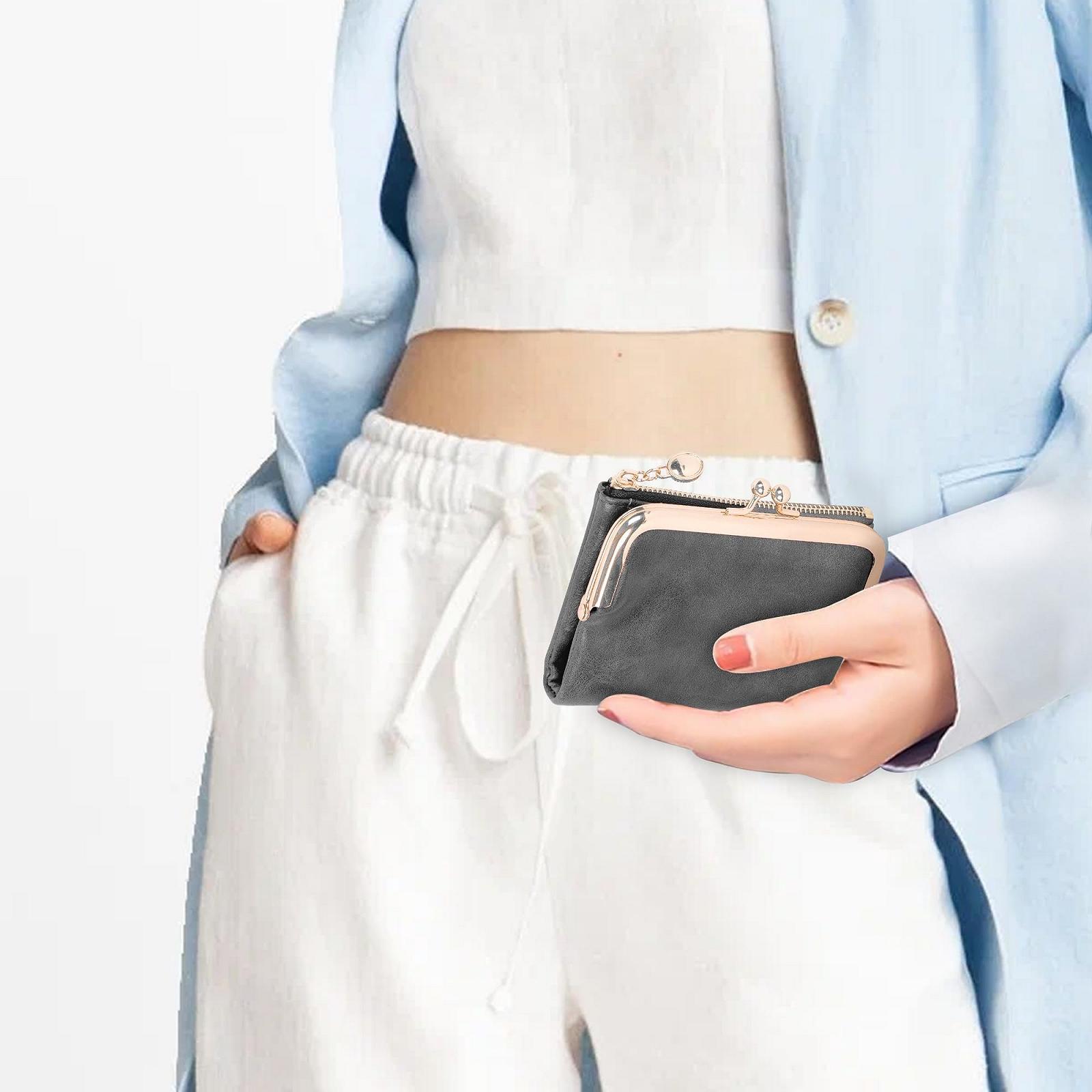 Кошелек женский кожаный Jiusely Bifold с защитой RFID, компактный кошелек на молнии, застежка Kiss, серый, фото №4