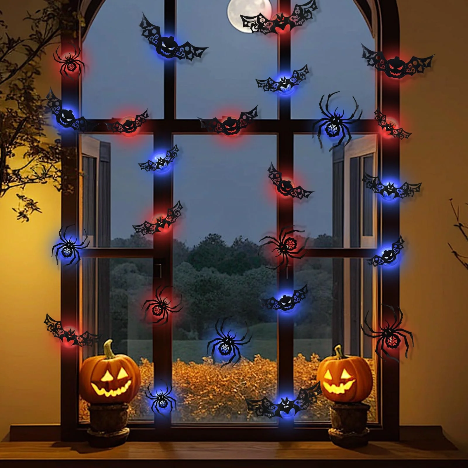 Набір наклейок для декору на Хелловін 24 LED Кажани Гарбузи Павуки 3D, фото №4