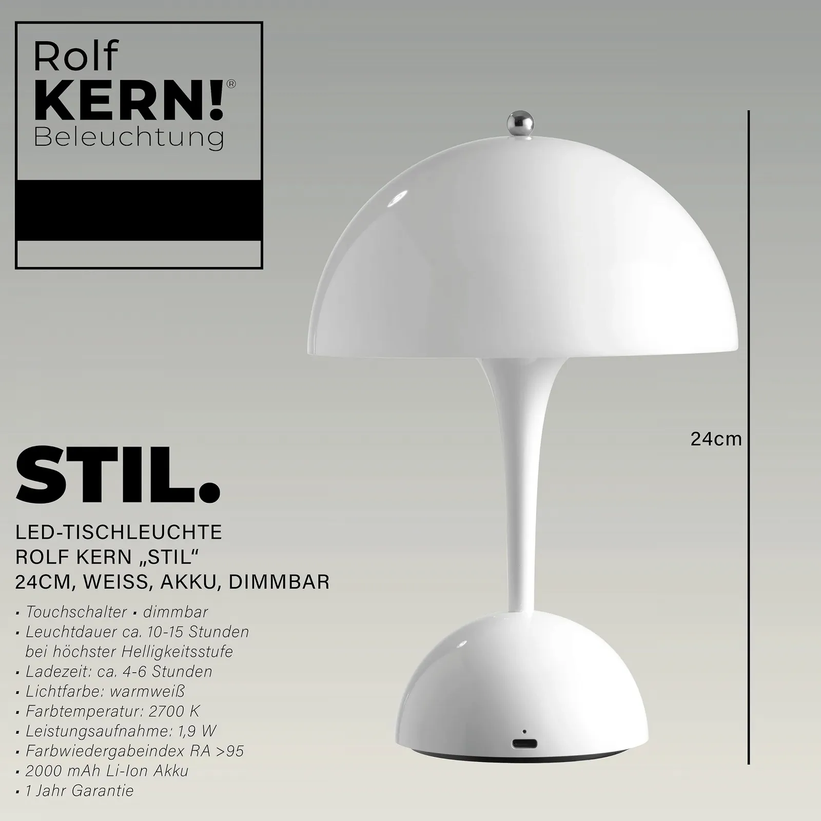 Світлодіодна настільна лампа Rolf KERN Mushroom 24 см акумуляторна з димуванням IP44, фото №3