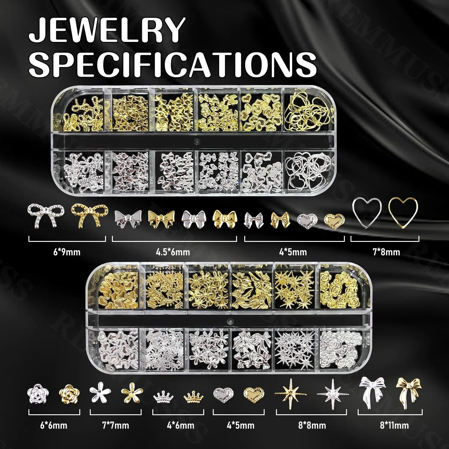 Стразы для ногтей 2 коробки Золотые Серебряные Звезды Бантики Подвески для ногтей Микс Размеров Блестки для ногтей Золотые Металлические Полые Заклепки для ногтей Звезда Луна Солнце Аксессуары для DIY дизайна ногтей, фото №2