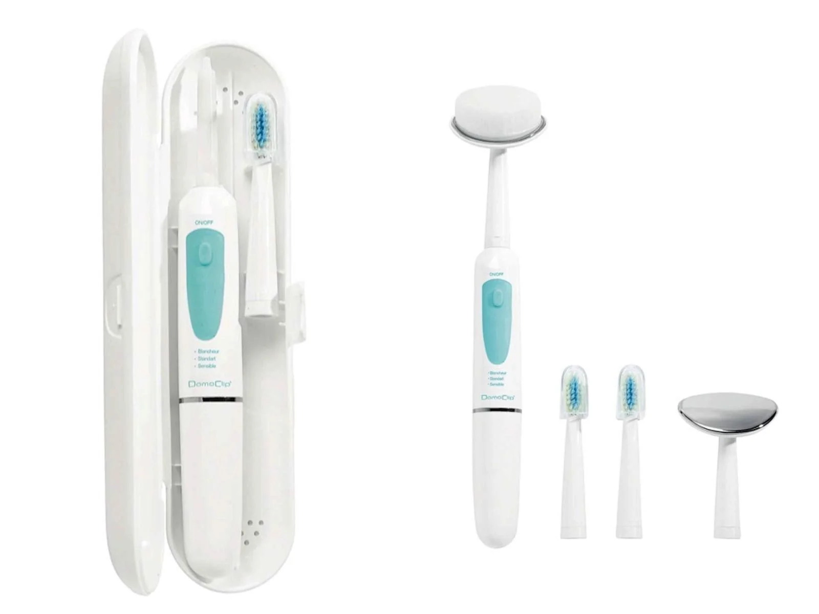 Электрическая зубная щетка с насадкой для очистки и массажа лица и футляр Бело-бирюзовая, фото №1