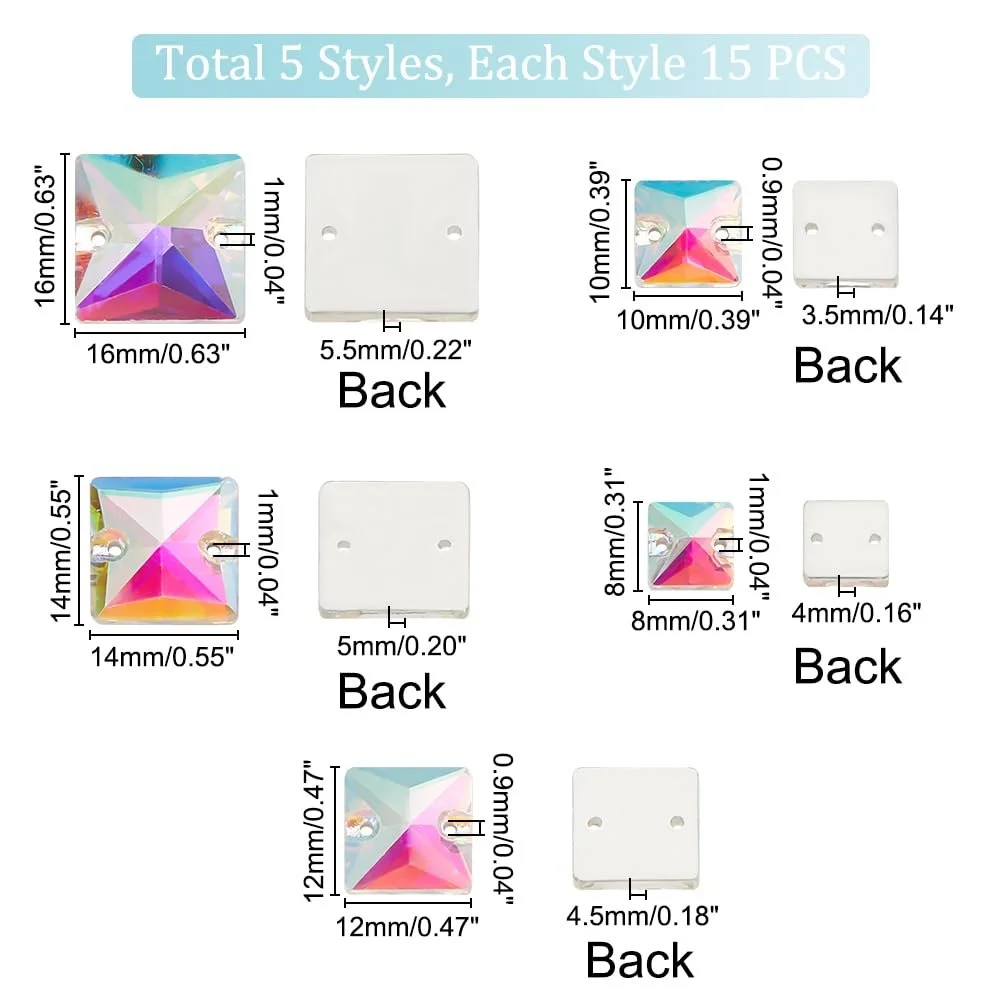 Квадратні стрази для пришивання 75 штук, 5 розмірів, плоска задня частина, скляні з'єднувальні перлини, фото №2