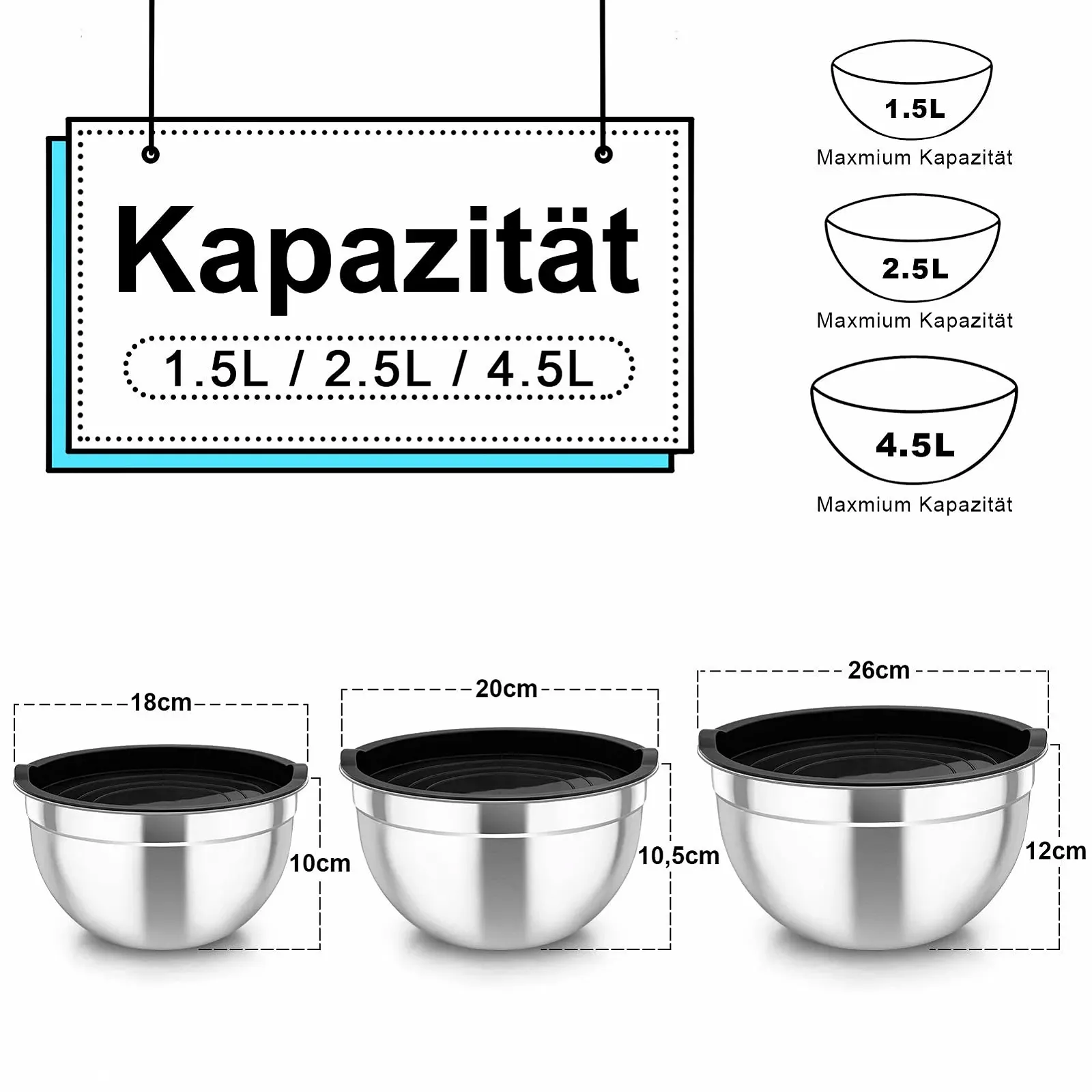 Набор мисок для смешивания TEAMFAR из 3 предметов нержавеющая сталь с герметичными крышками 4.5 л / 2.5 л / 1.5 л черный, фото №2