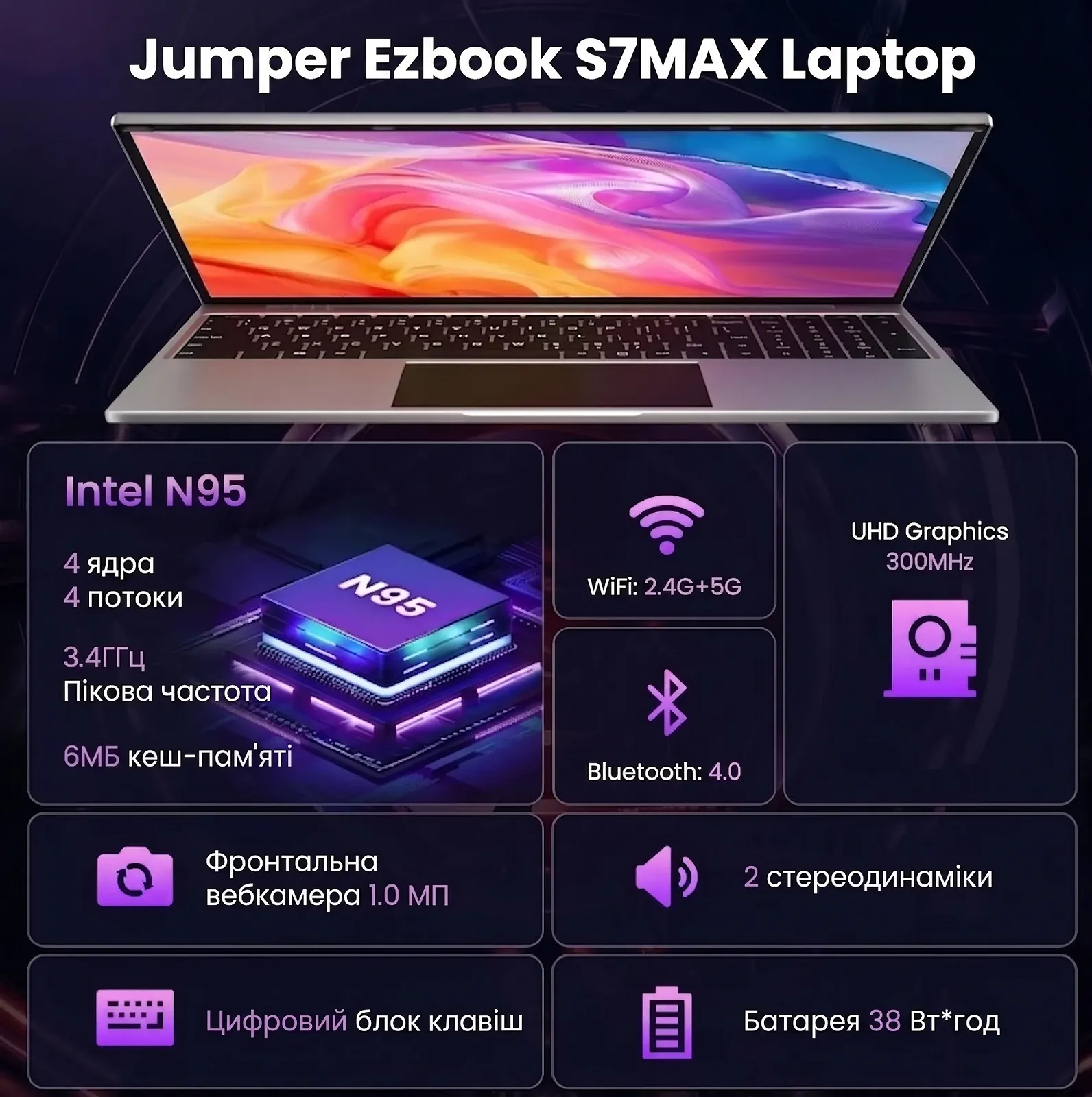 Ноутбук 16" Jumper EZbook S7 Max Intel N95 RAM 16GB eMMC 128GB + SSD 512GB Windows 11 (UKR), фото №5