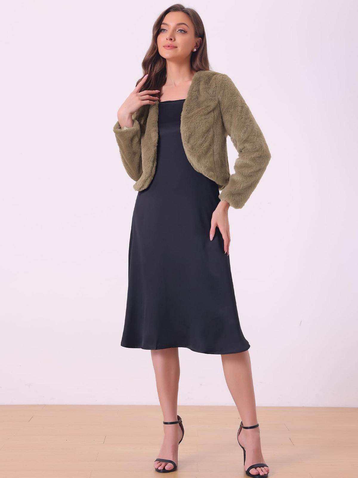 Болеро Allegra K из искусственного меха с длинными рукавами, открытое спереди, фото №3 Болеро Allegra K из искусственного меха с длинными рукавами, открытое спереди, фото №3