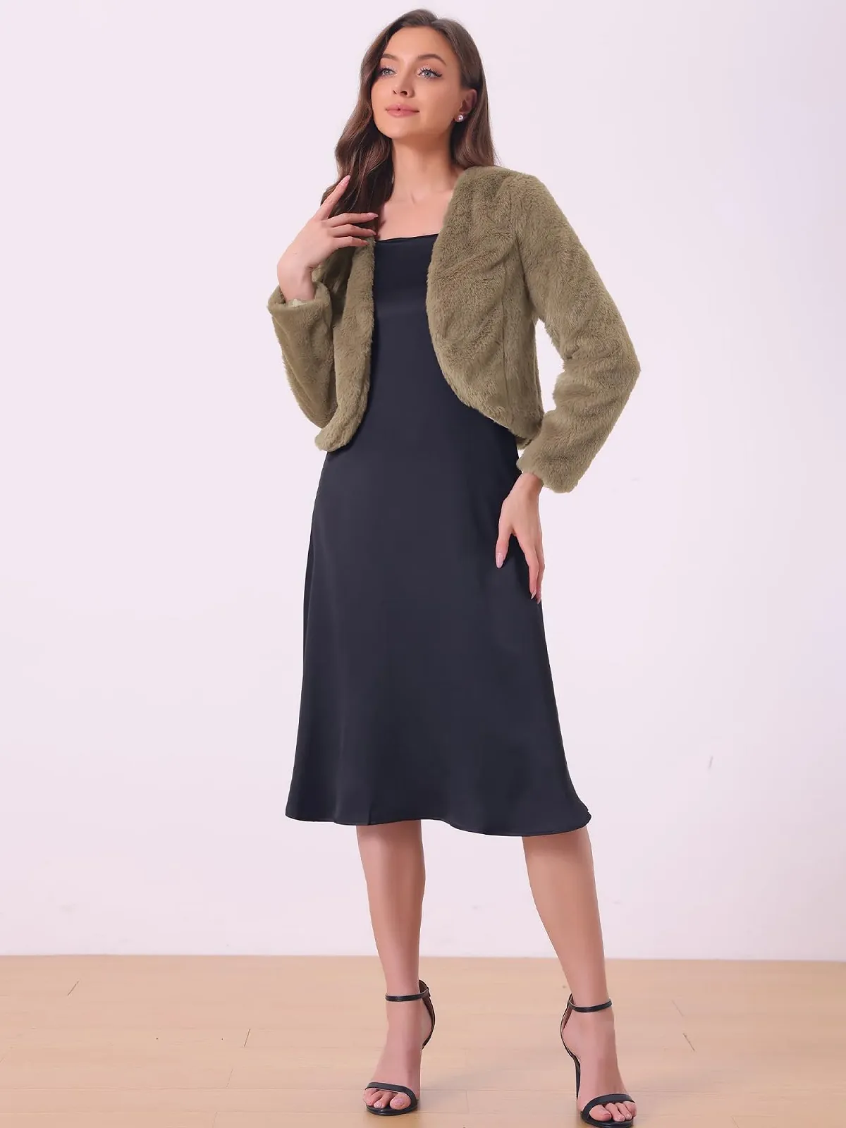 Болеро Allegra K зі штучного хутра з довгими рукавами, відкрите спереду, фото №3 Болеро Allegra K зі штучного хутра з довгими рукавами, відкрите спереду, фото №3