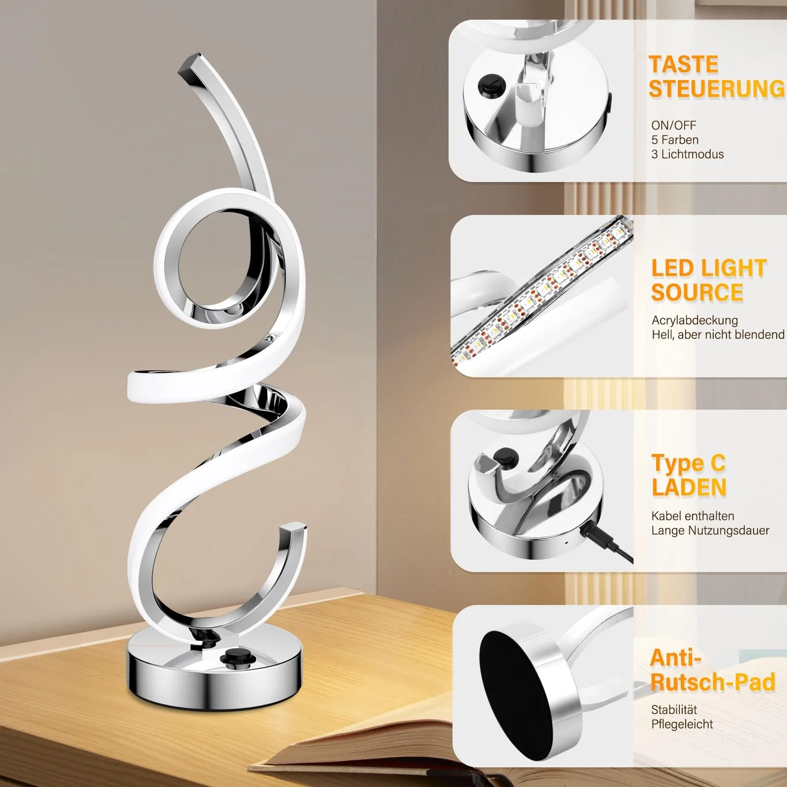 Настільна лампа LED Bedside Lamp RGB Dimmable Wireless Spiral Rechargeable, фото №6