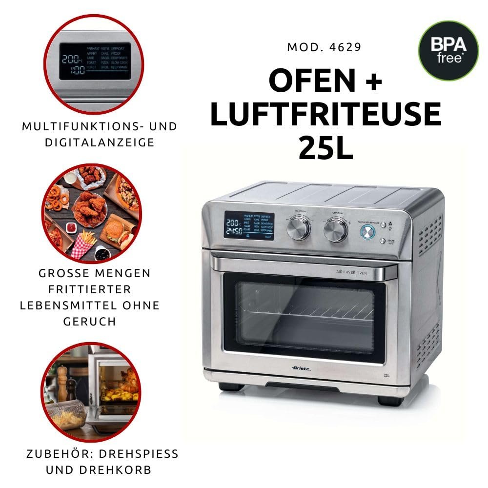 Піч-Мультипіч Ariete 4629 Airy Fryer Oven Digital SS 25 л 1700 Вт для піци 30 см LED-дисплей макс. 230 °C Срібляста, фото №6 Піч-Мультипіч Ariete 4629 Airy Fryer Oven Digital SS 25 л 1700 Вт для піци 30 см LED-дисплей макс. 230 °C Срібляста, фото №6