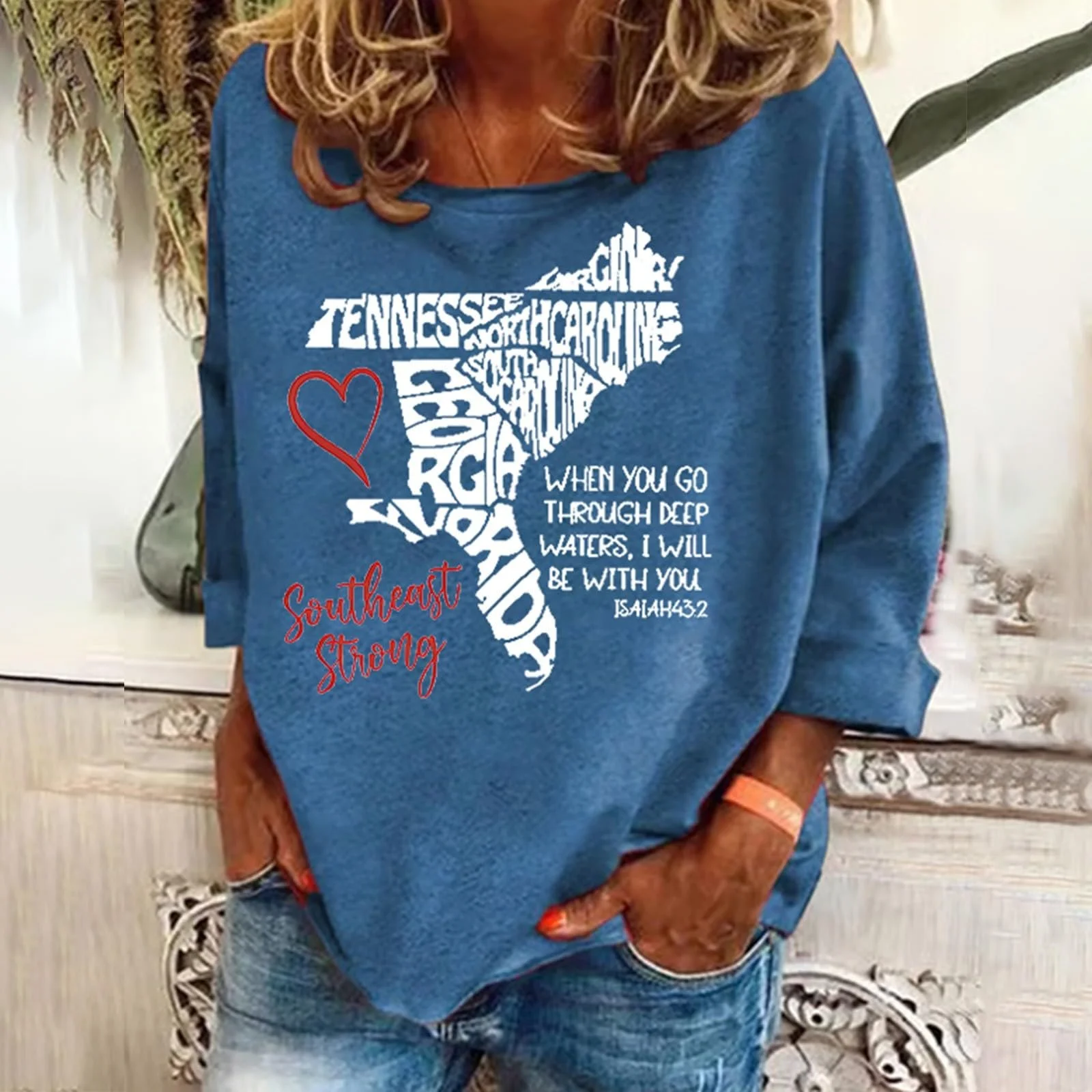 Женские легкие свитшоты Мода Oversized Ретро Southeast Strong When You Walk Through Deep Waters I Will Be With You Isaiah 43:2 Tennessee South North Print Свитшот Осенний свитшот, фото №2