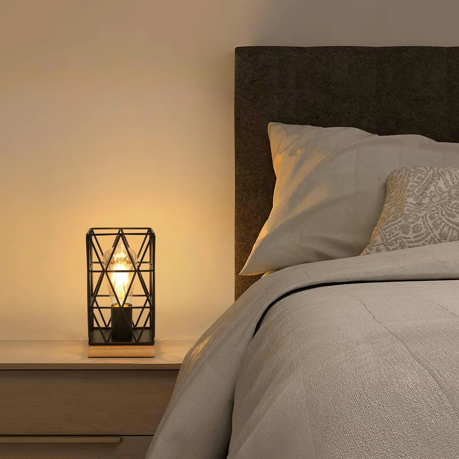 Настільна лампа Dorlink Vintage E27 Металева Клітка Індустріальна Дерев'яна основа Чорна, фото №6