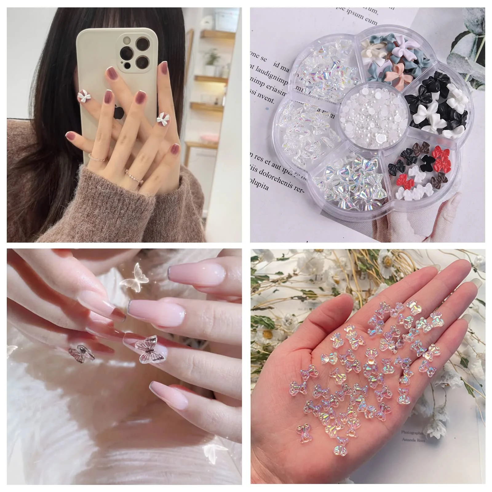 3D Декор для нігтів, 7 відділень, бантик, ведмедик, метелик, кришталеві стрази, фото №4