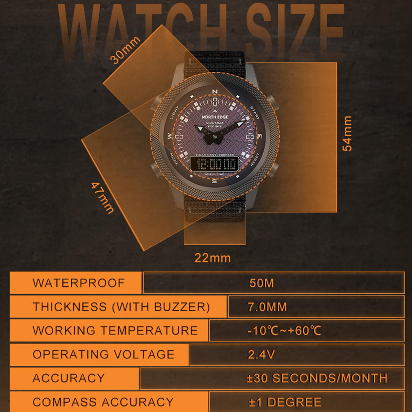 Годинник findtime Чоловічий Сонячний з компасом Мировий час Таймер Тактичний на нейлоновому ремінці Армійський Спортивний IP68 Водонепроникний чорний, фото №9