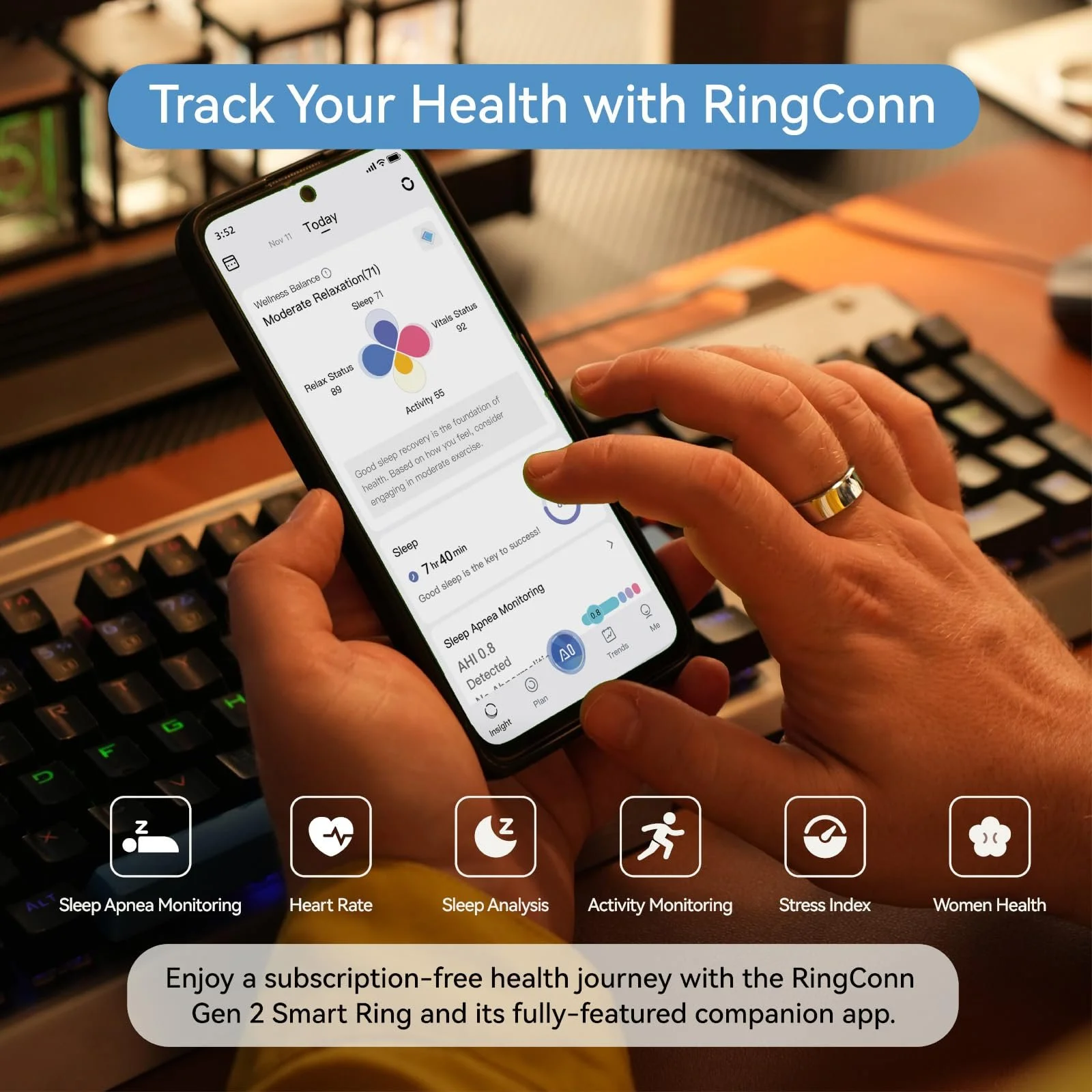 Умное кольцо RingConn Gen 2, мониторинг апноэ сна, 12 дней работы аккумулятора, отслеживание стресса/сердечного ритма/женского здоровья, совместимо с Android и iOS, фото №4