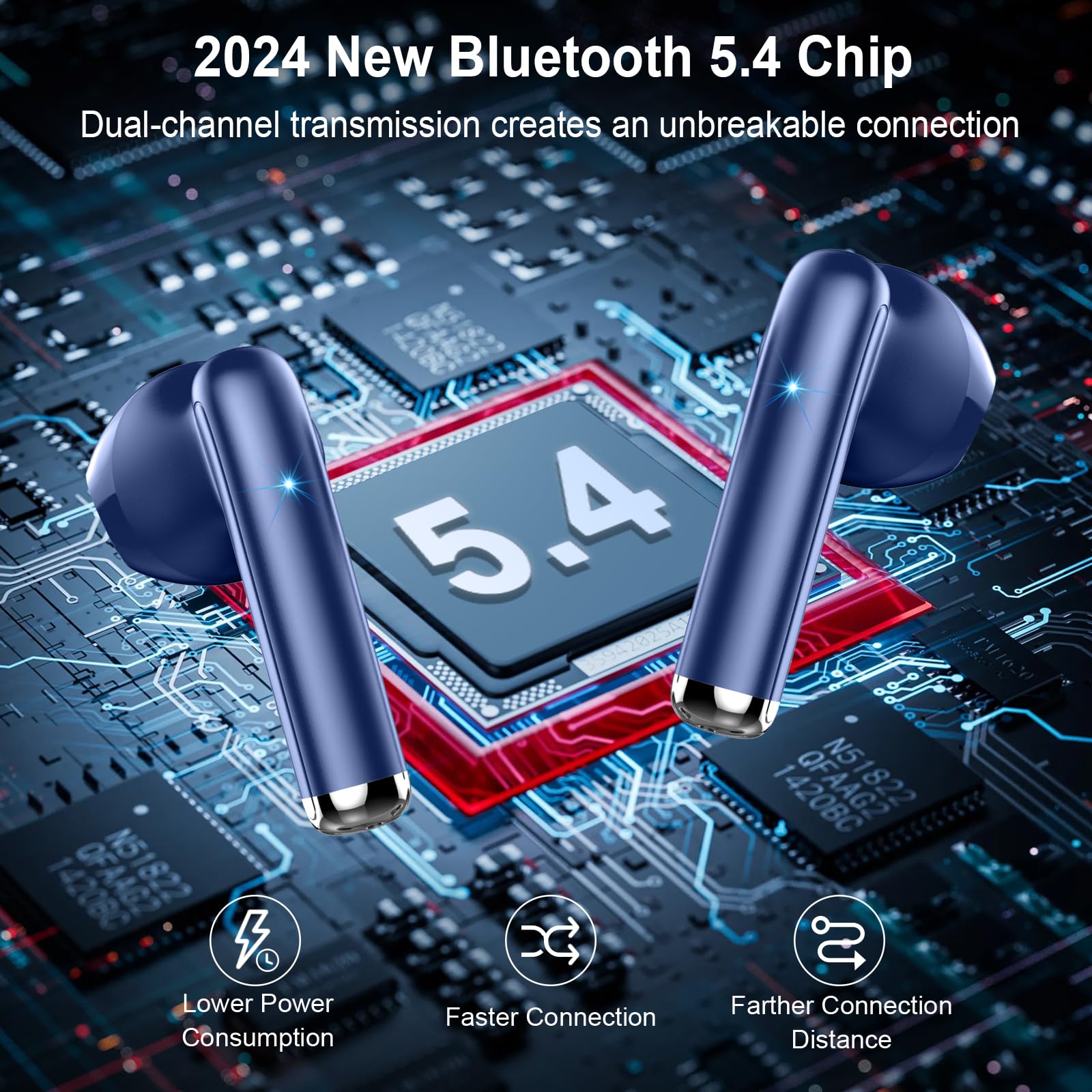 Навушники Bluetooth 5.3 з 4 ENC мікрофонами бездротові вкладиші з шумопоглинанням 30 годин глибокого басу USB-C IP7 водонепроникні зі світлодіодним дисплеєм, фото №2