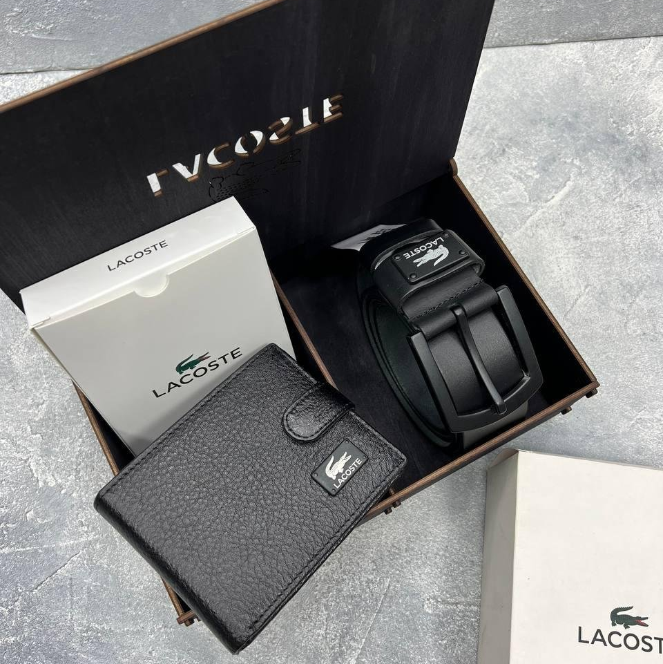 Чоловічий ремінь з класичною пряжкою 125 см і брендовий гаманець з застібкою в коробці LACOSTE, фото №1
