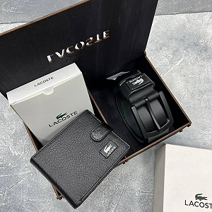 Чоловічий ремінь з класичною пряжкою 125 см і брендовий гаманець з застібкою в коробці LACOSTE - Фото 1