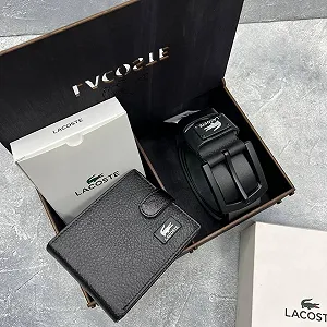 Мужской ремень с классической пряжкой 125 см и брендовый кошелёк с застежкой в коробке LACOSTE - Фото 1